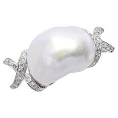 Vintage 18k White Gold Diamond Baroque Pearl Pendant Slider