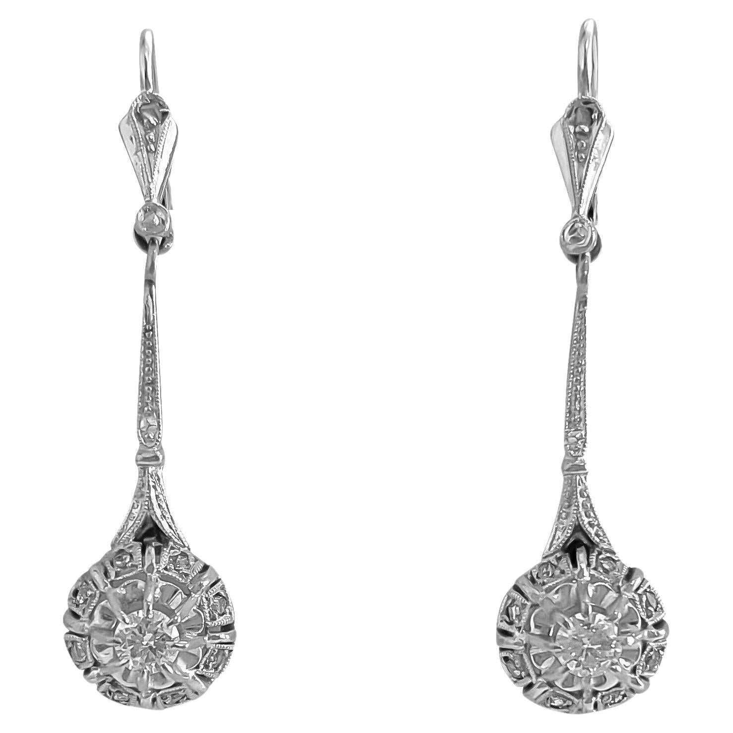 Vintage, 18k White Gold & Diamond Dangle Earrings For Sale