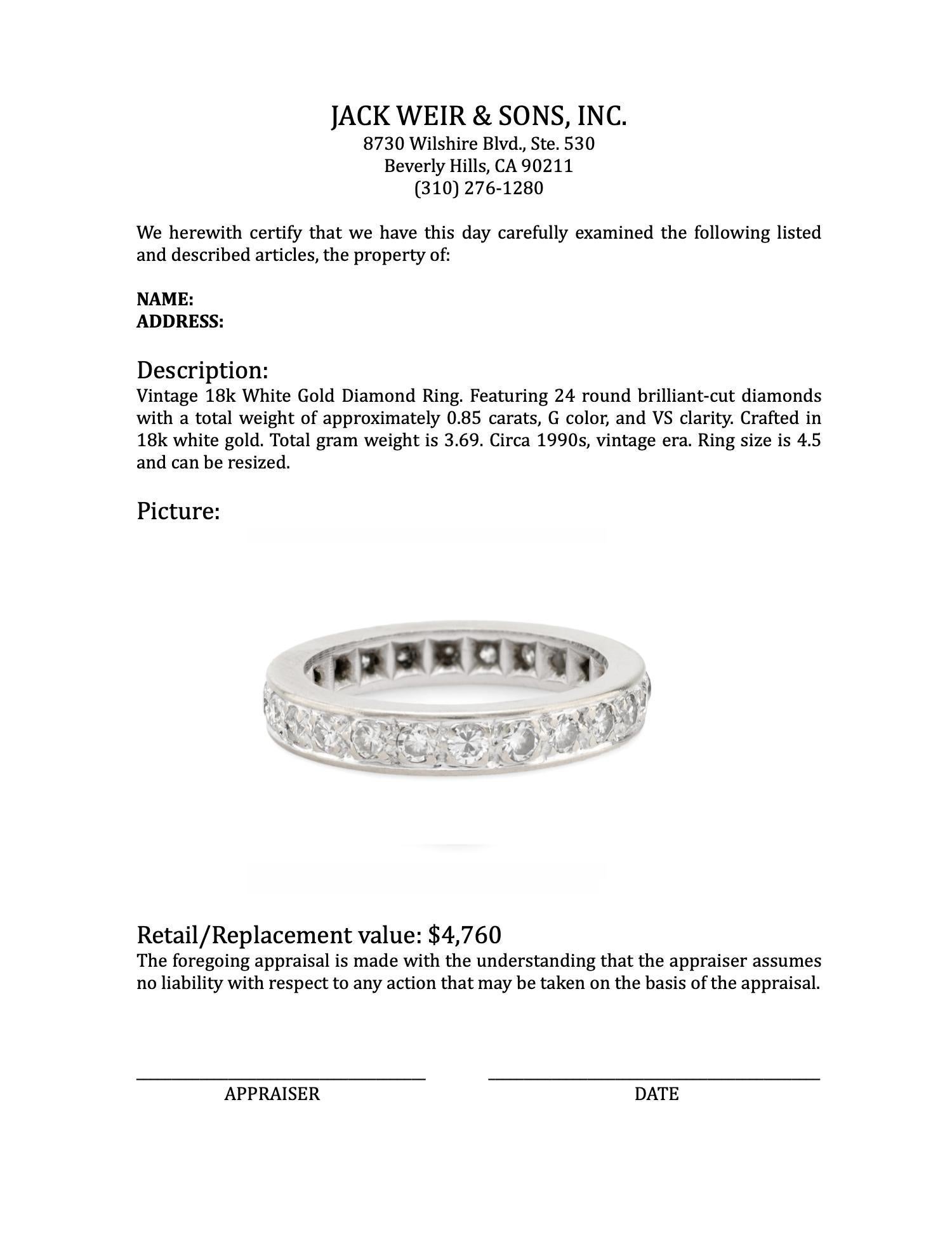 Women's or Men's Vintage 18k white gold diamond eternity band