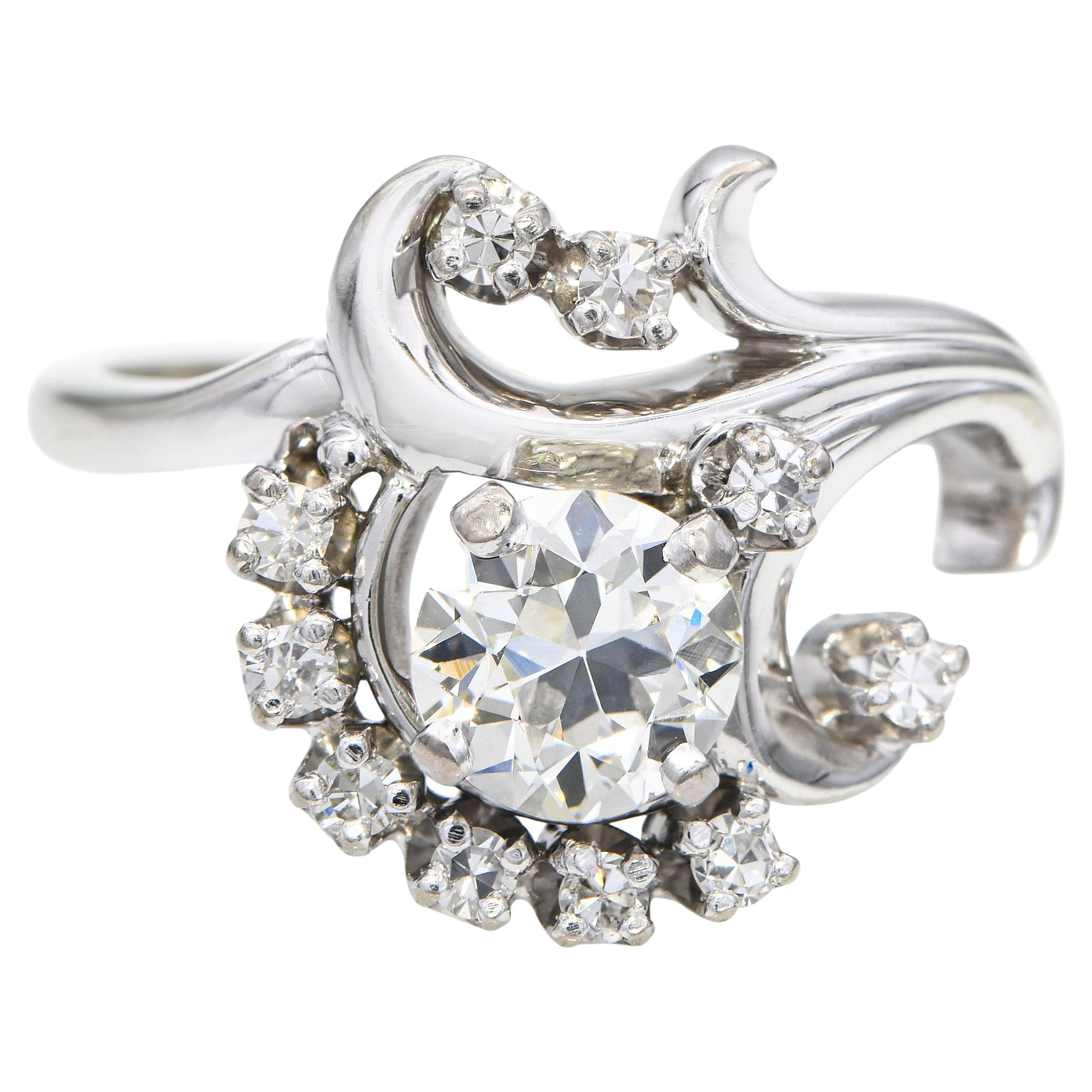 Vintage 18k White Gold Diamond Floral Ring For Sale