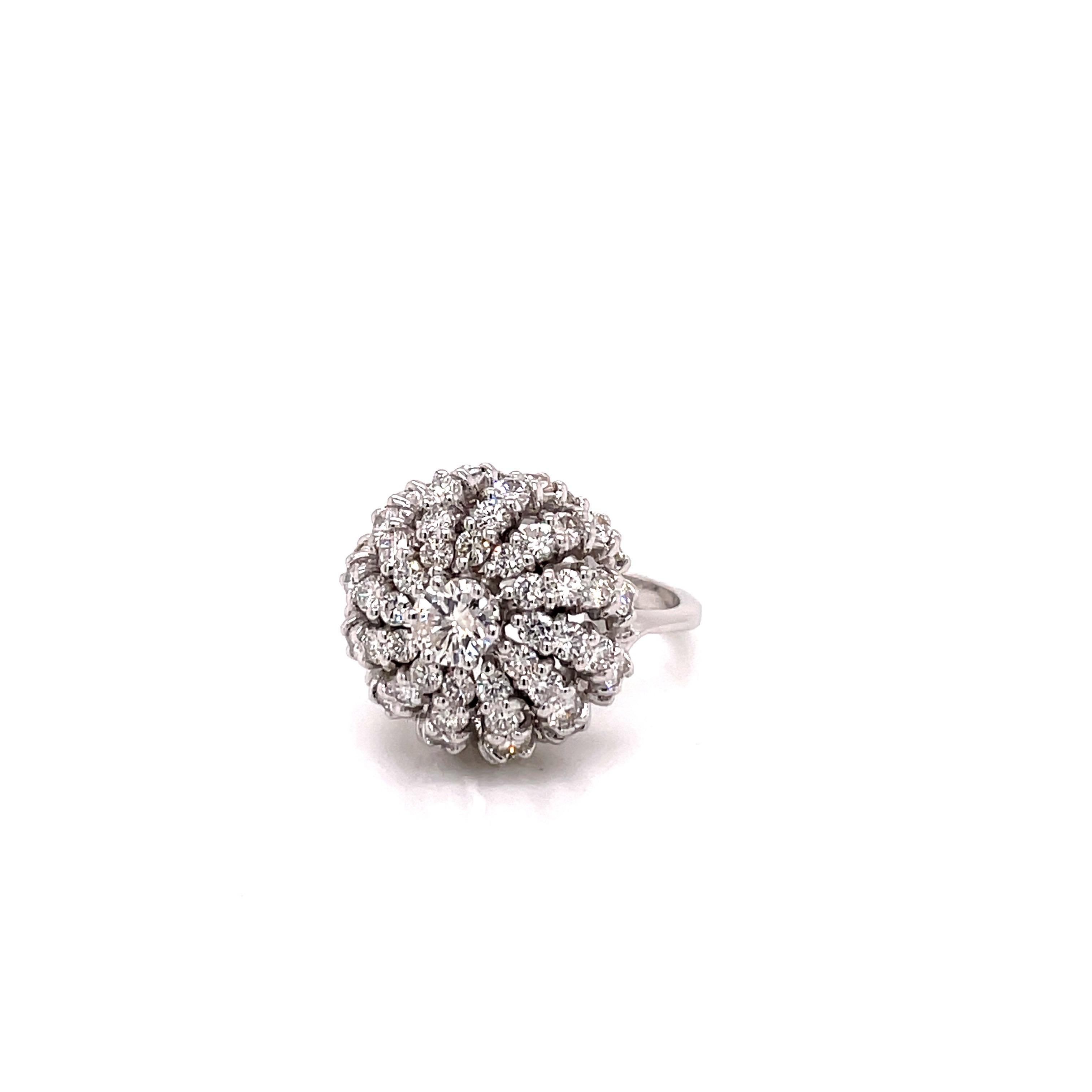 Vintage 18K White Gold Diamond Flower Cocktail Ring In Good Condition In Boston, MA
