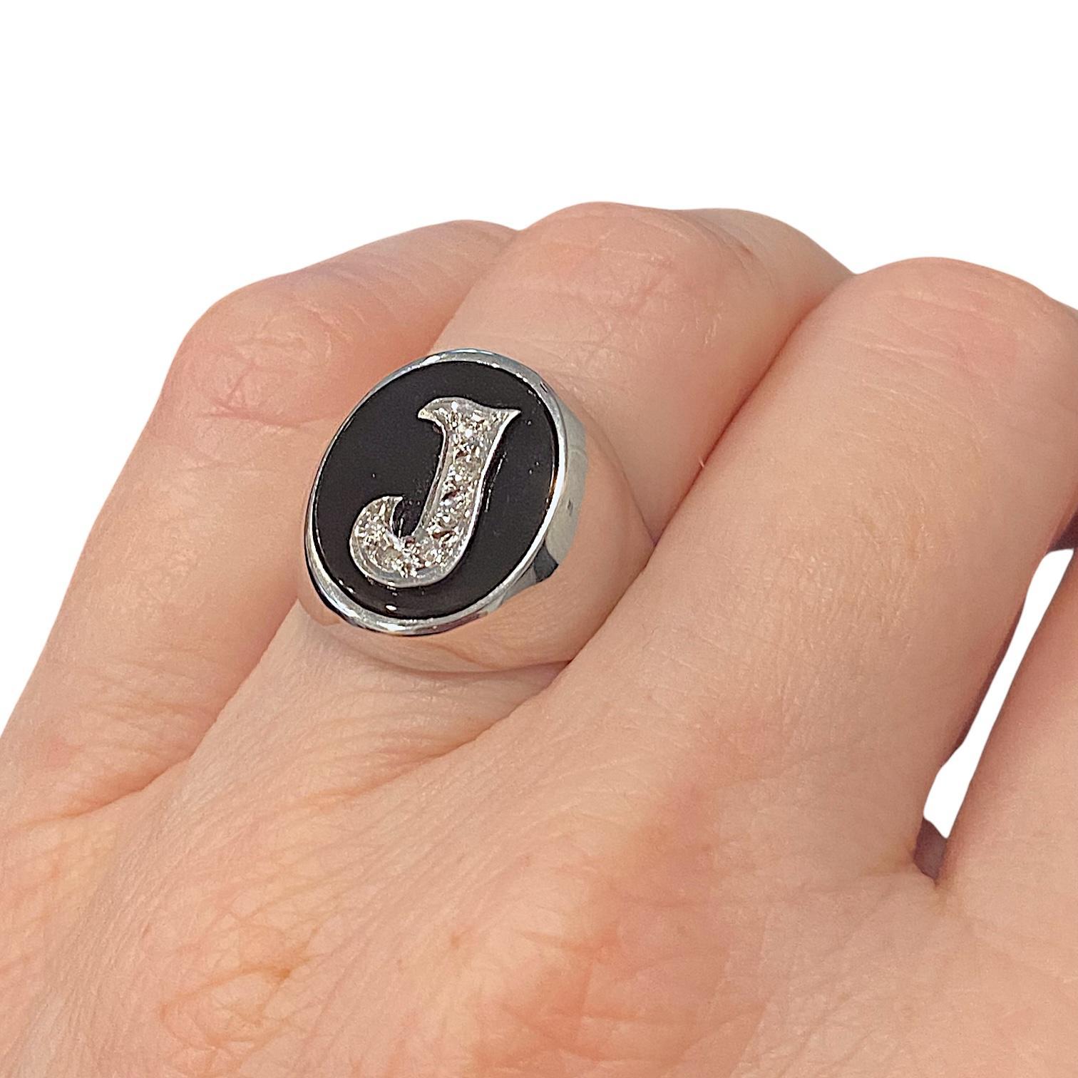 Brilliant Cut Vintage 18K White Gold Diamond J Signet Ring