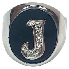 Vintage 18K White Gold Diamond J Signet Ring