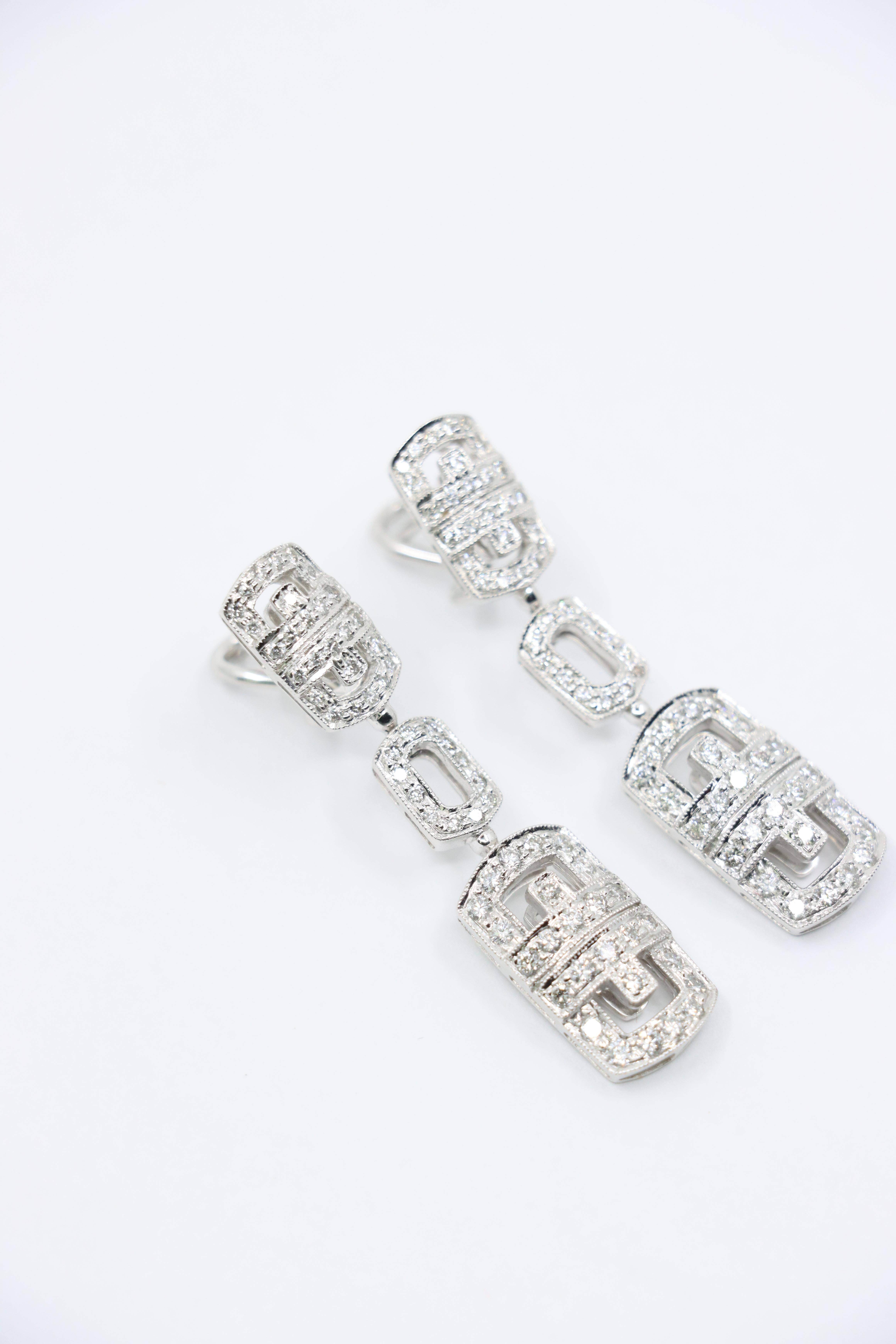 Oro blanco vintage de 18 quilates  Pendientes de gota con eslabón de diamante en Bueno estado para la venta en Flushing, NY