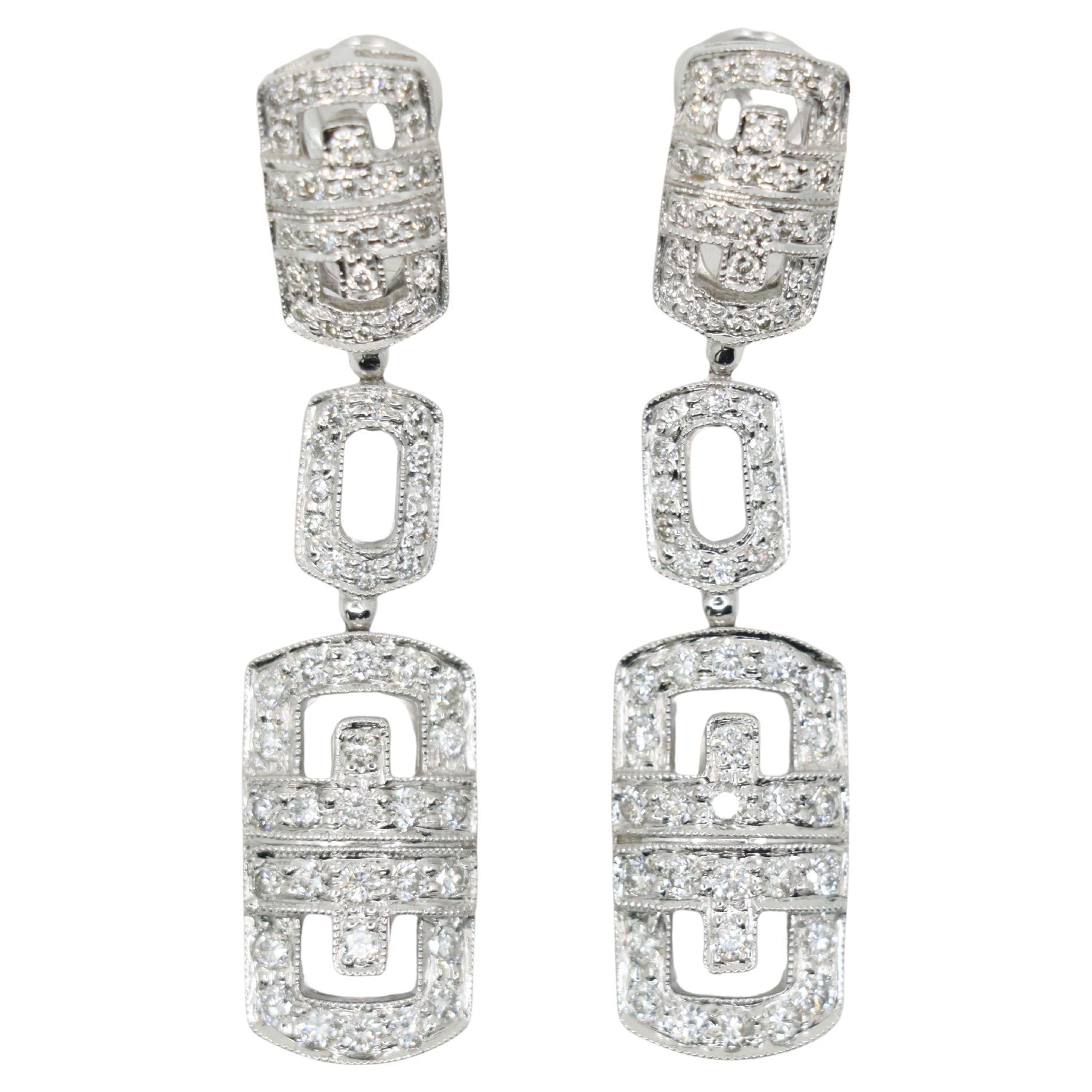 Oro blanco vintage de 18 quilates  Pendientes de gota con eslabón de diamante en venta