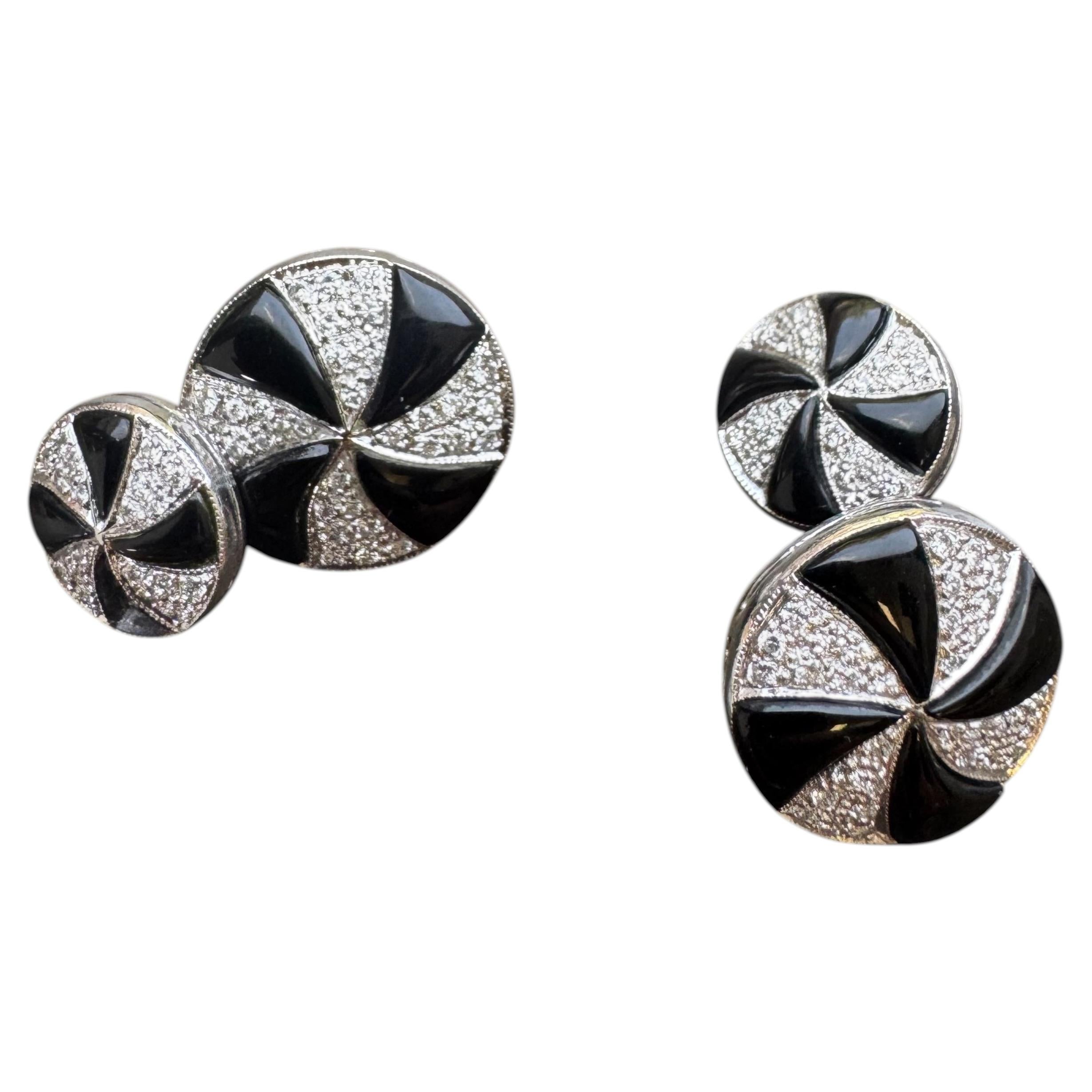 Vintage 18K White Gold Diamond & Onyx Disc Drop Earrings  0.60 CTW Pave Diamond