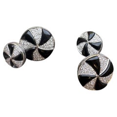 Pendientes colgantes vintage de oro blanco de 18 quilates con diamantes y ónix en forma de disco  0,60 CTW de diamantes en pavé