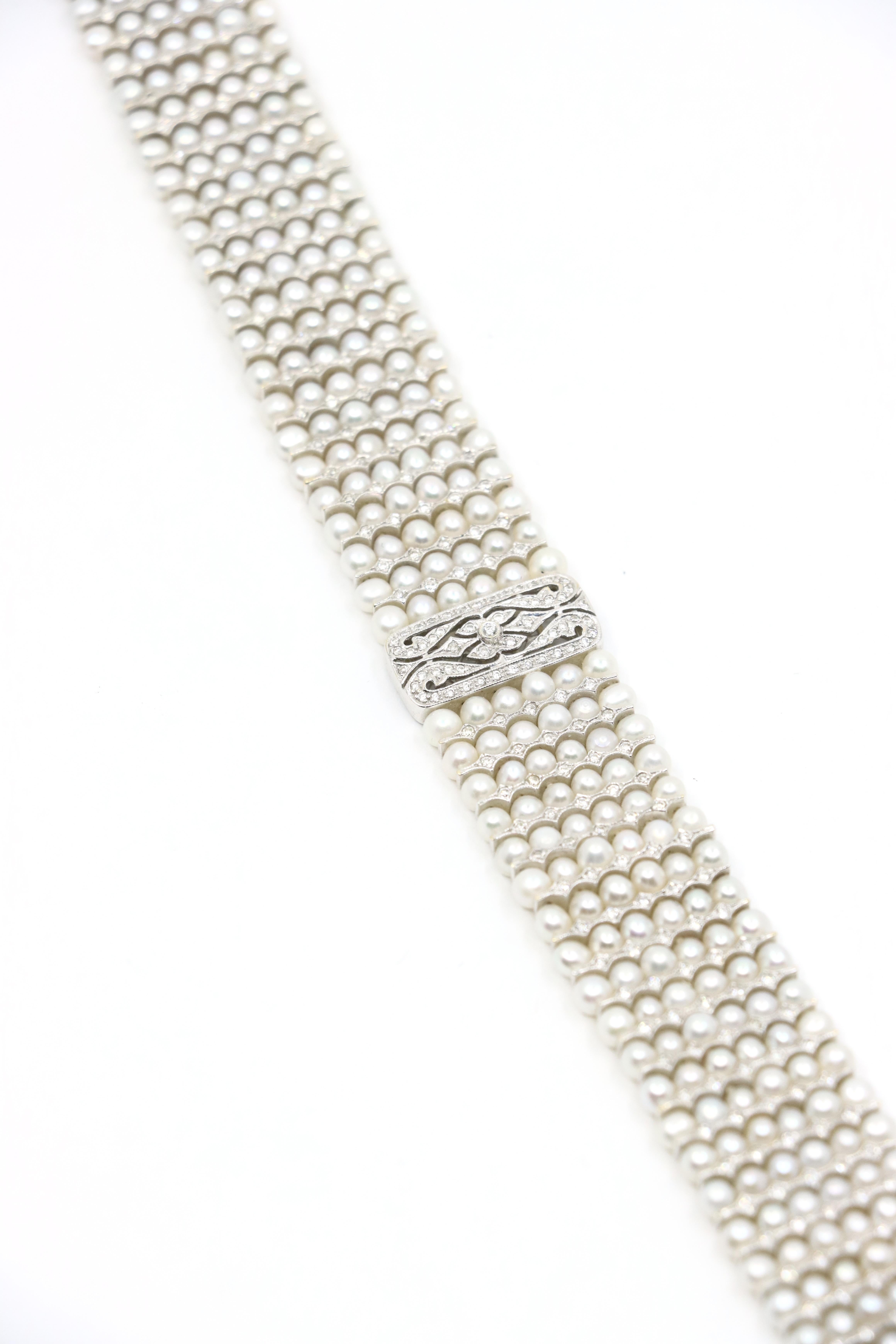 Bracciale vintage con diamanti e perle in oro bianco 18 carati in vendita 5