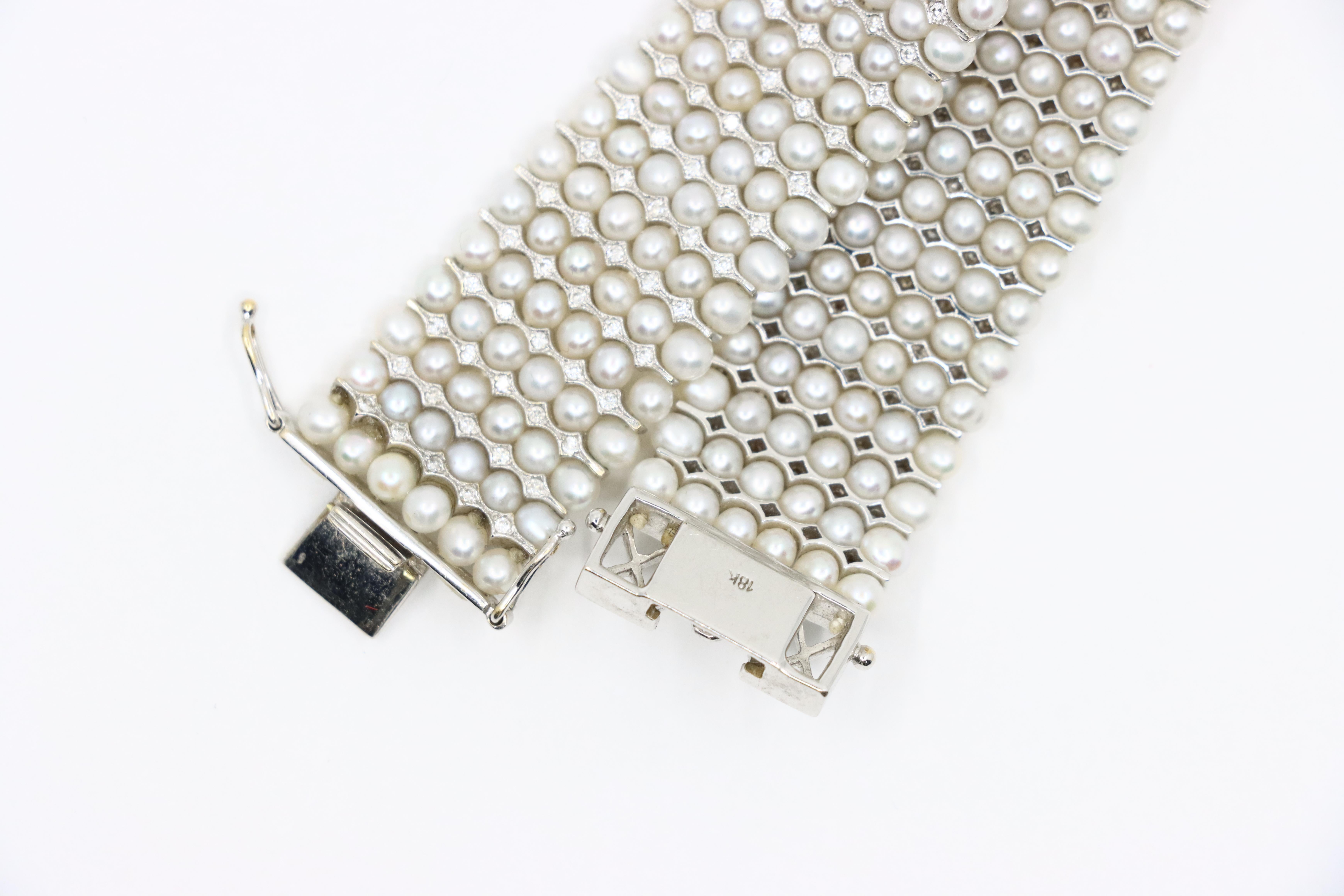 Bracciale vintage con diamanti e perle in oro bianco 18 carati in vendita 9