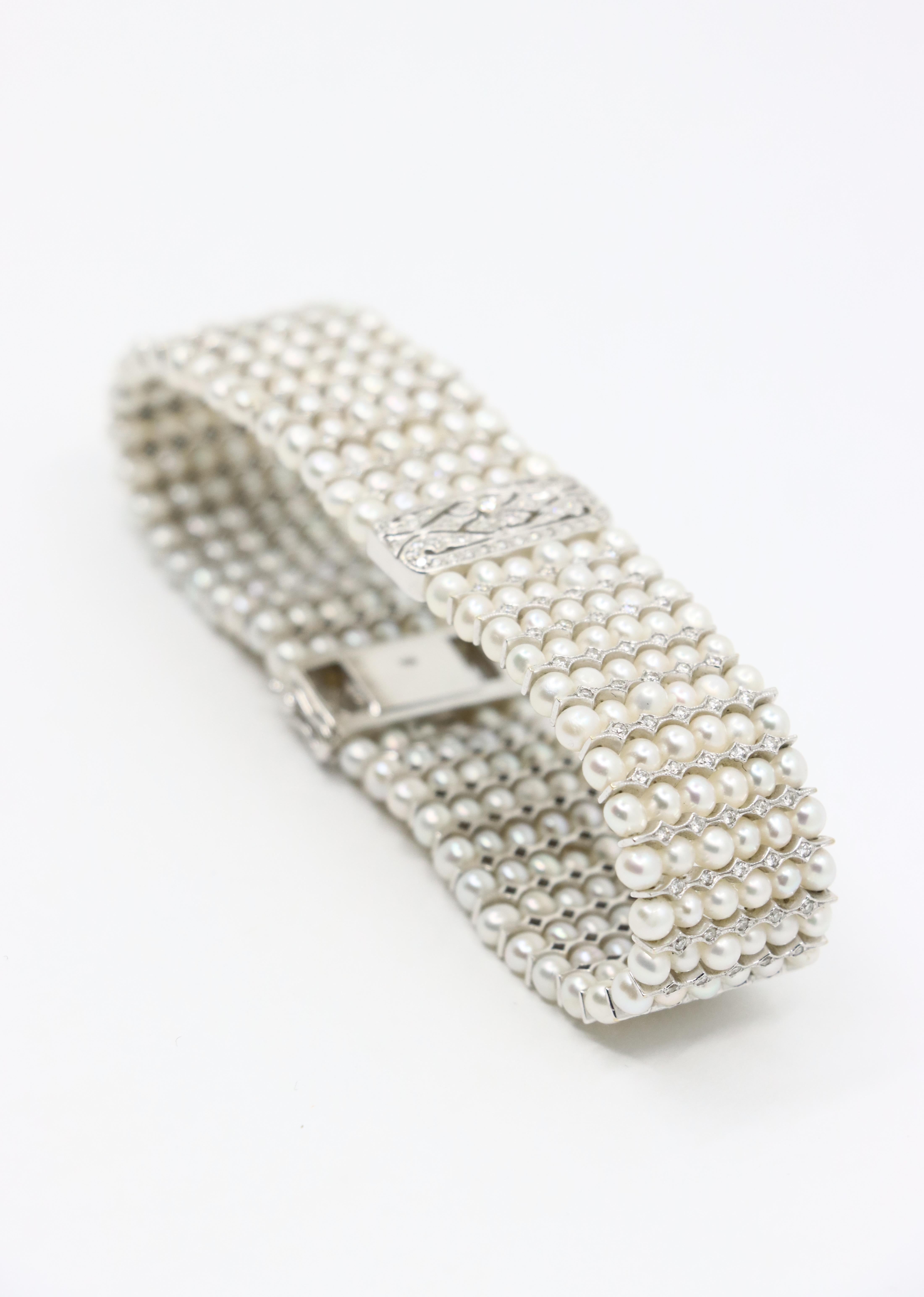 Bracciale vintage con diamanti e perle in oro bianco 18 carati in vendita 2