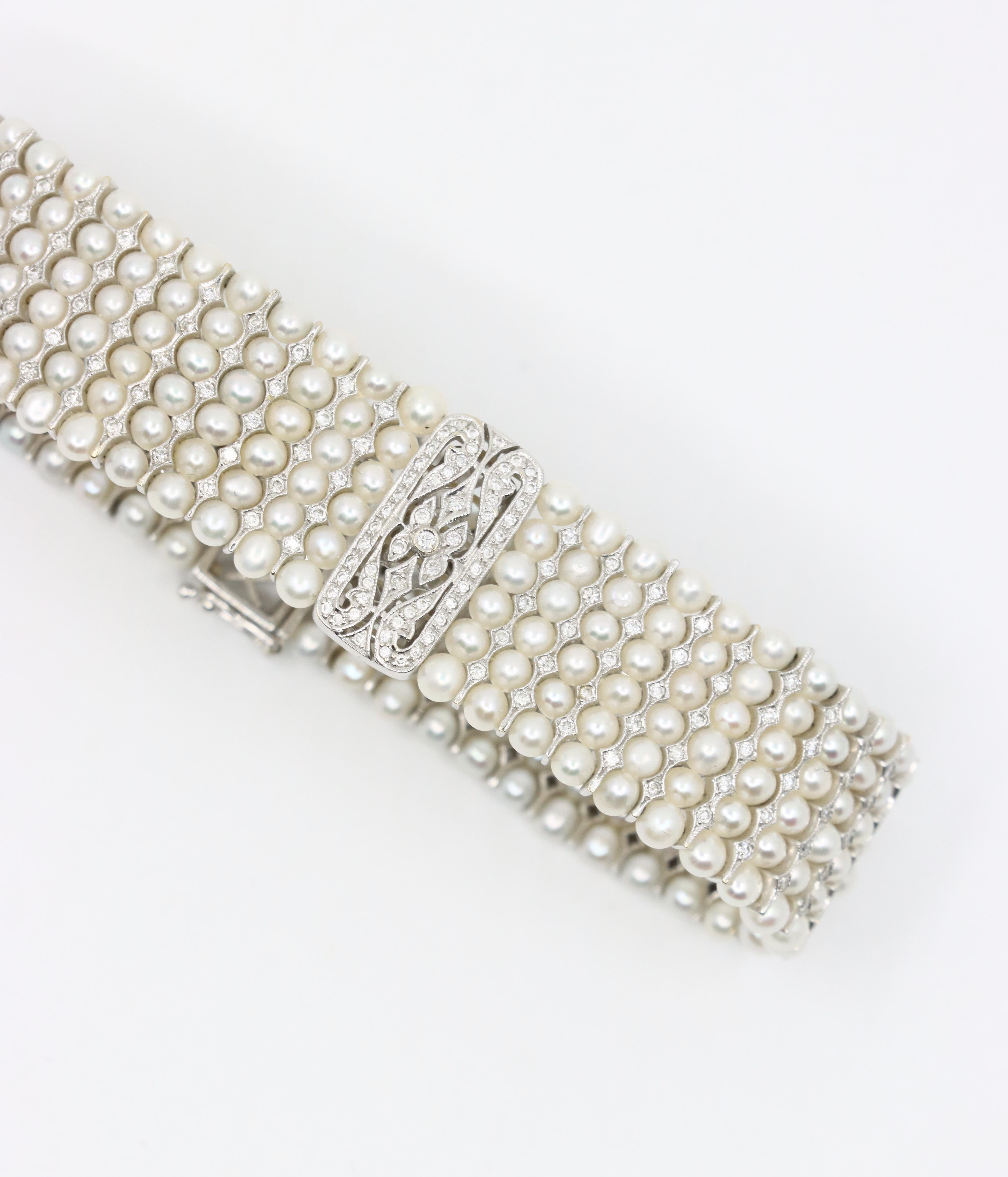 Bracciale vintage con diamanti e perle in oro bianco 18 carati in vendita 3