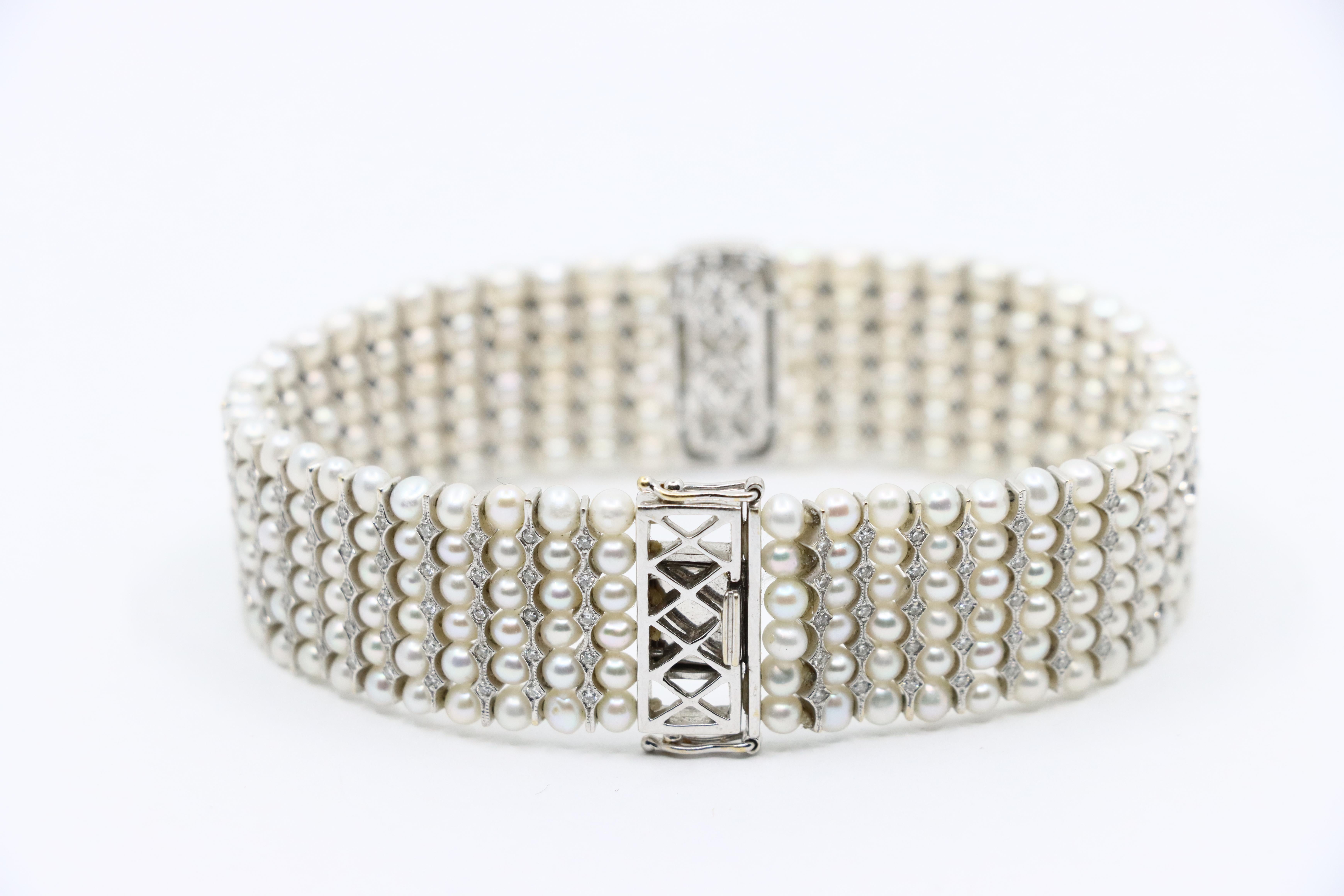 Bracciale vintage con diamanti e perle in oro bianco 18 carati in vendita 4
