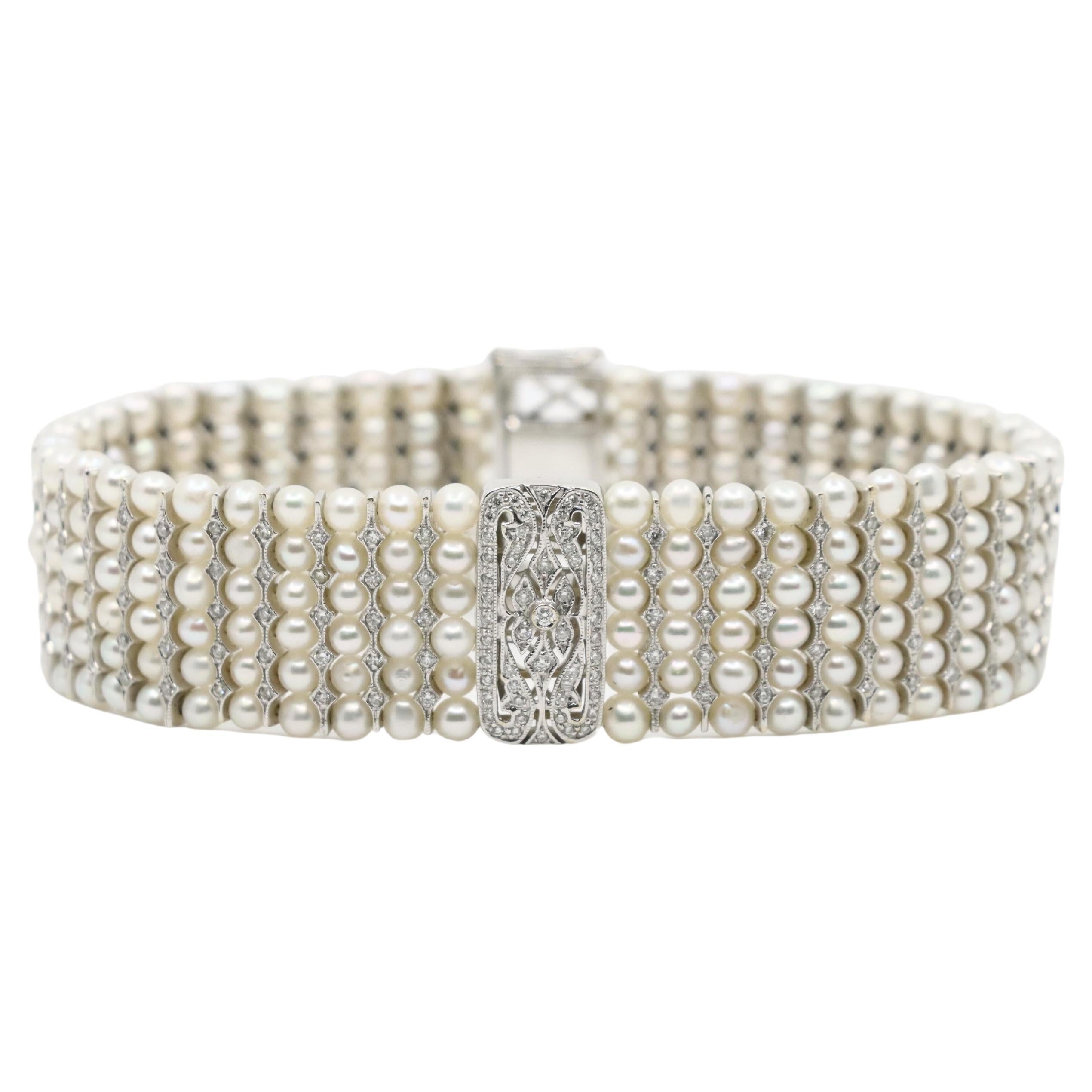 Vintage 18K White Gold Diamond Pearl Bracelet