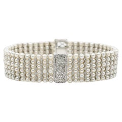 Vintage 18K White Gold Diamond Pearl Bracelet