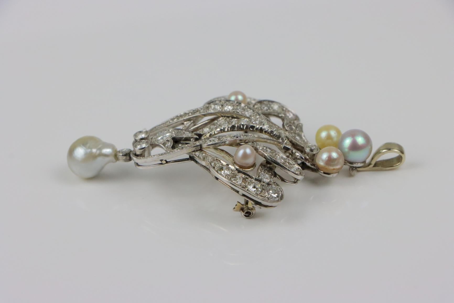 Spilla vintage in oro bianco 18 carati con diamanti e perle in vendita 1