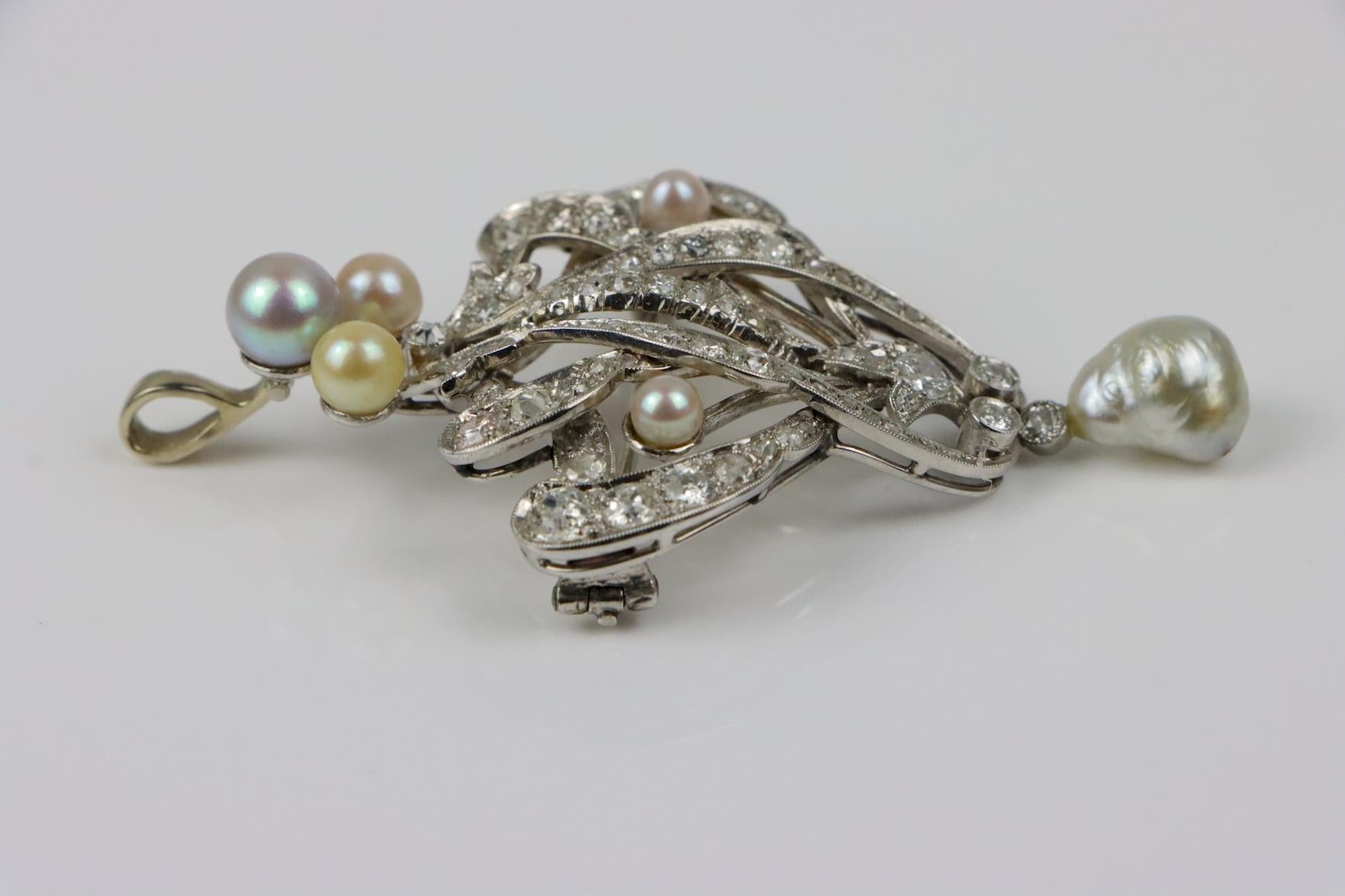 Spilla vintage in oro bianco 18 carati con diamanti e perle in vendita 3