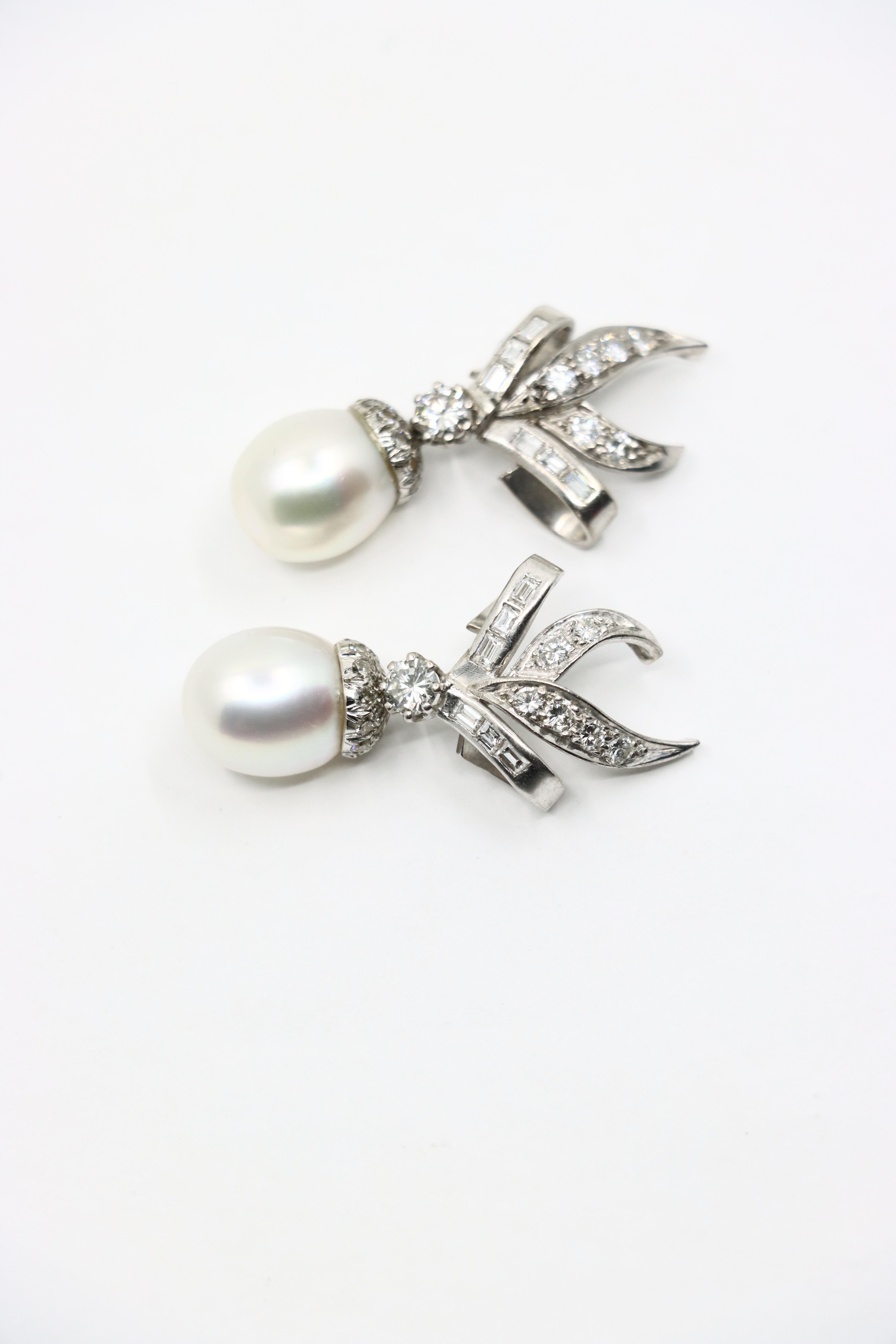 Women's or Men's Vintage 18K White Gold Diamond Pearl Drop Earrings For Sale
