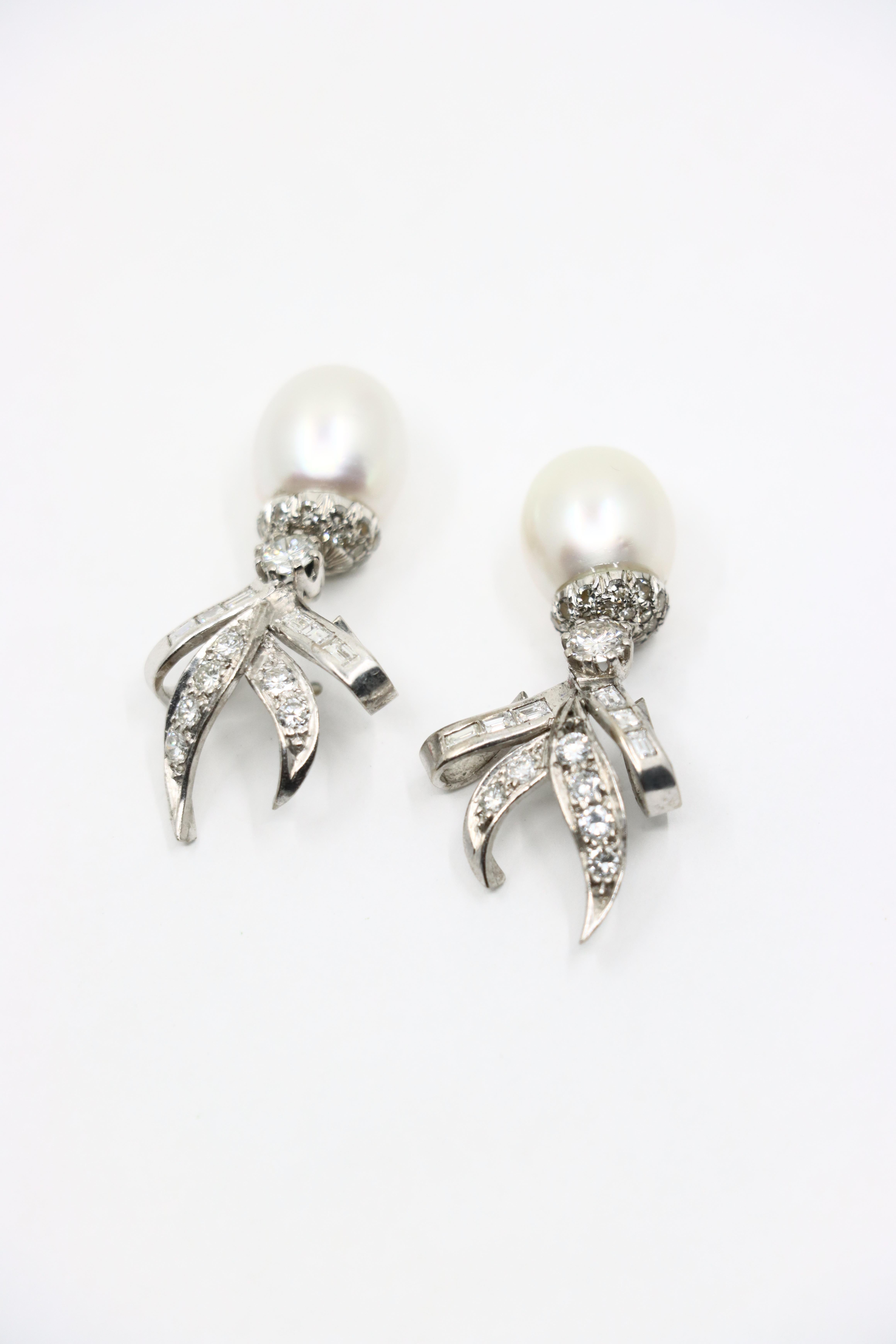 Vintage 18K White Gold Diamond Pearl Drop Earrings For Sale 1