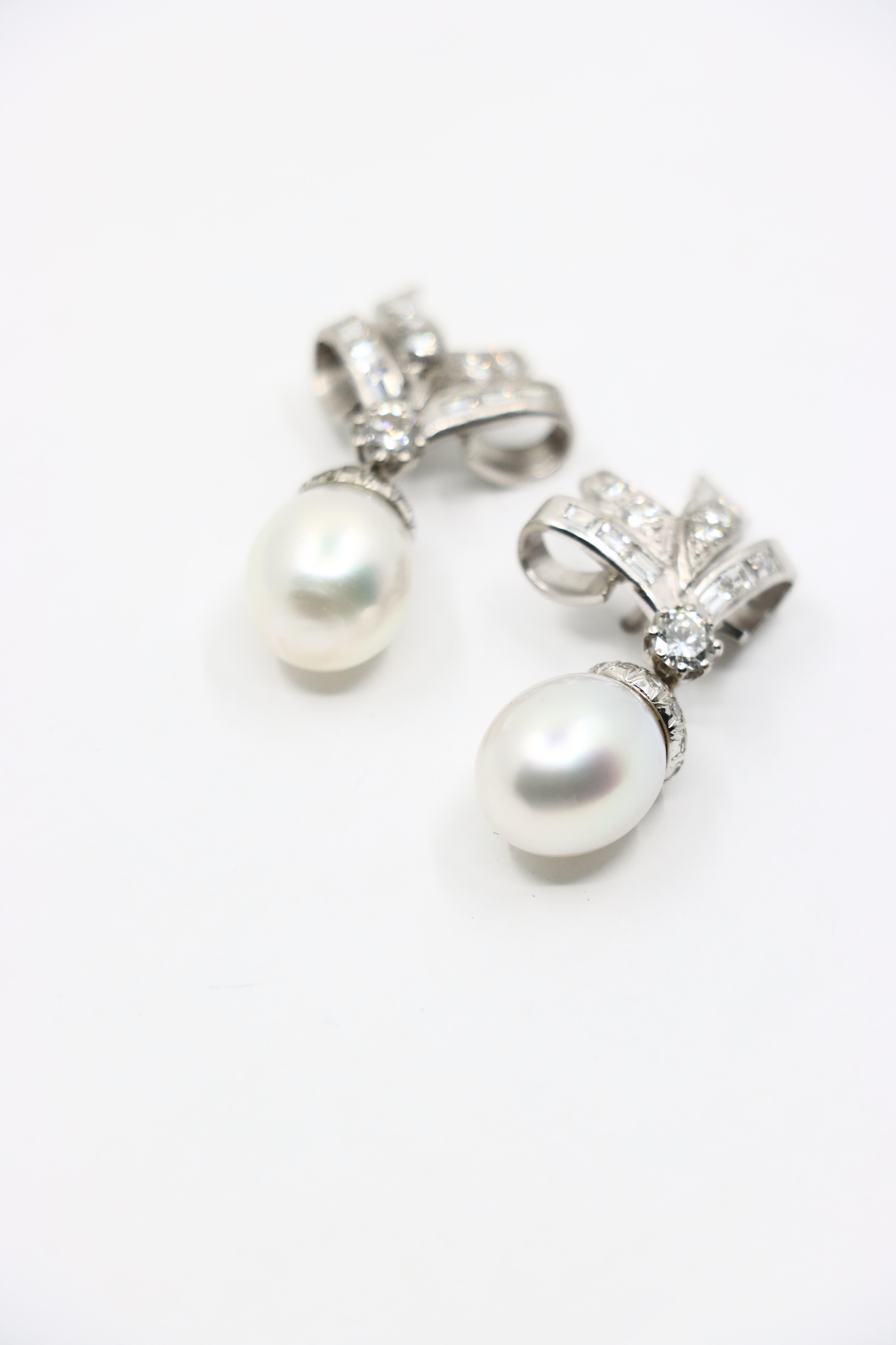 Vintage 18K White Gold Diamond Pearl Drop Earrings For Sale 2