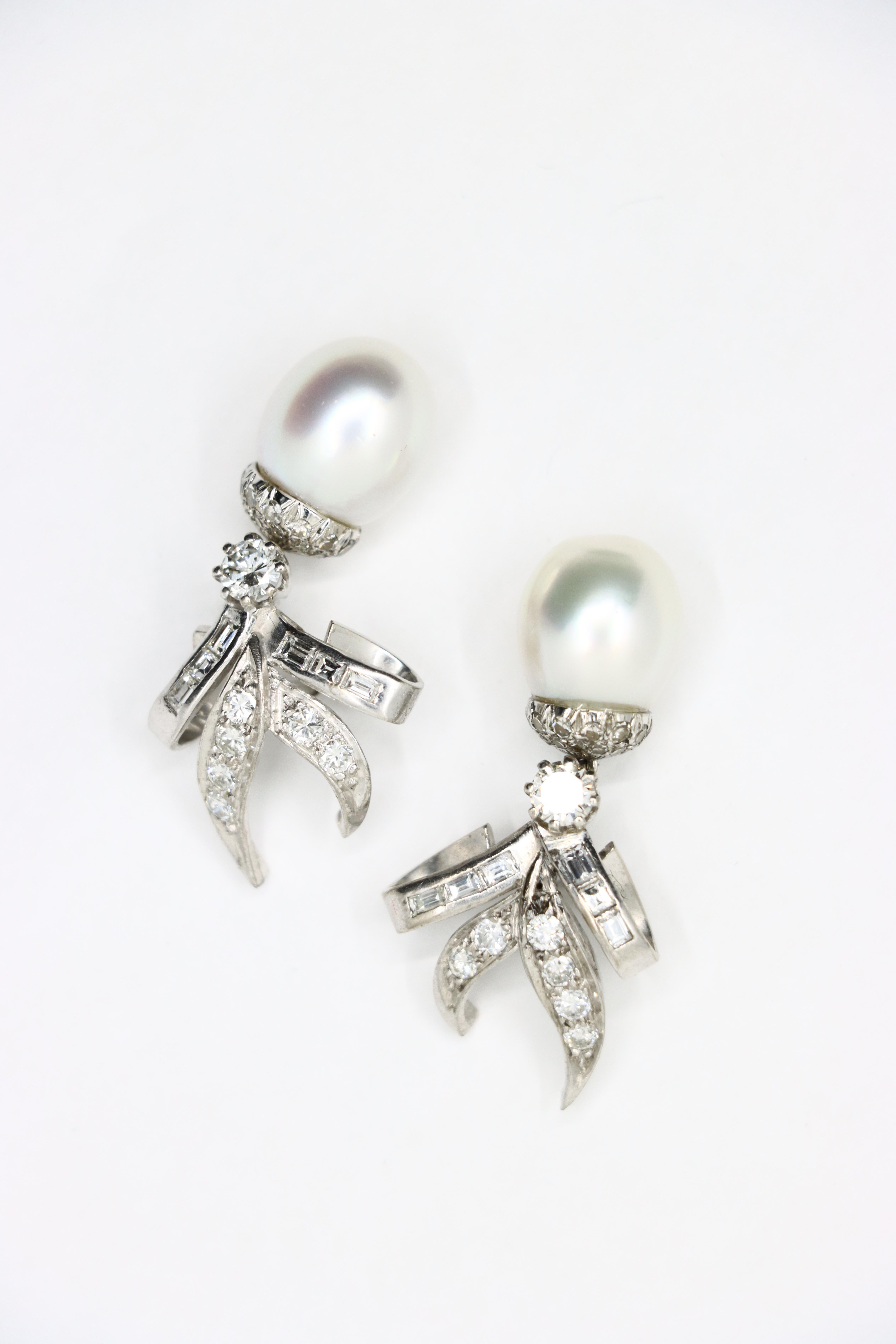Vintage 18K White Gold Diamond Pearl Drop Earrings For Sale 3