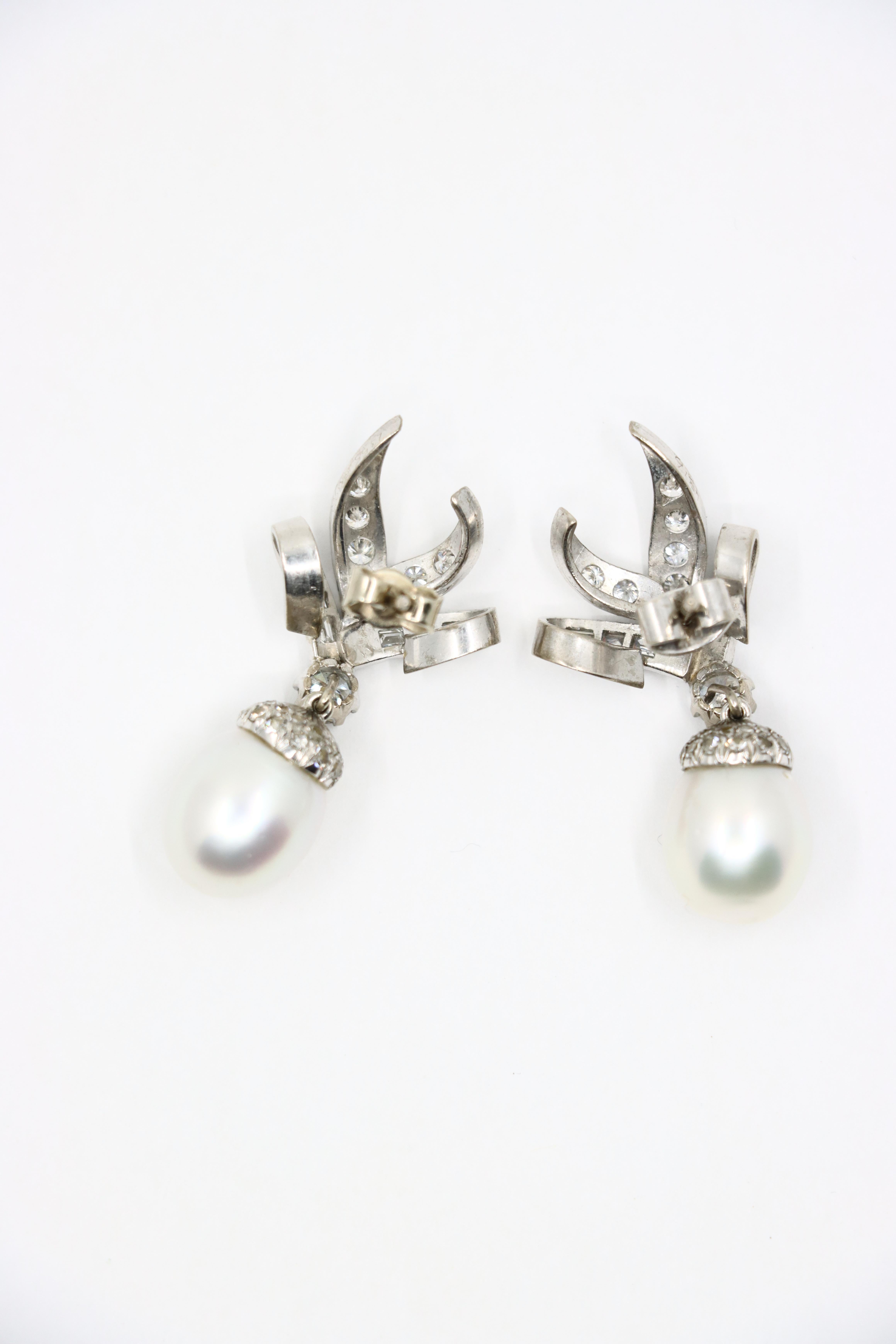 Vintage 18K White Gold Diamond Pearl Drop Earrings For Sale 4