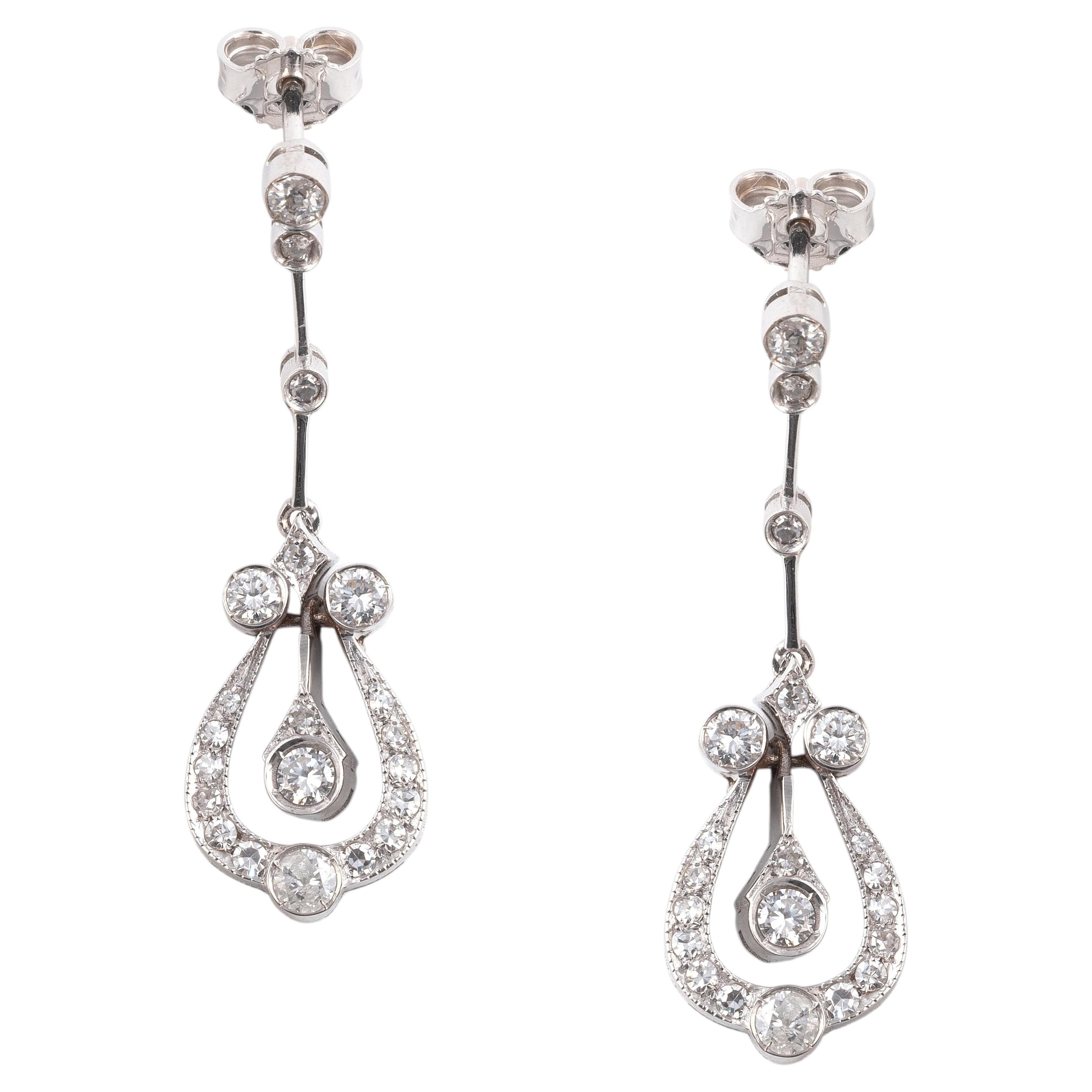 Vintage 18K White Gold Diamond Drop Earrings, Retro Style, Italy