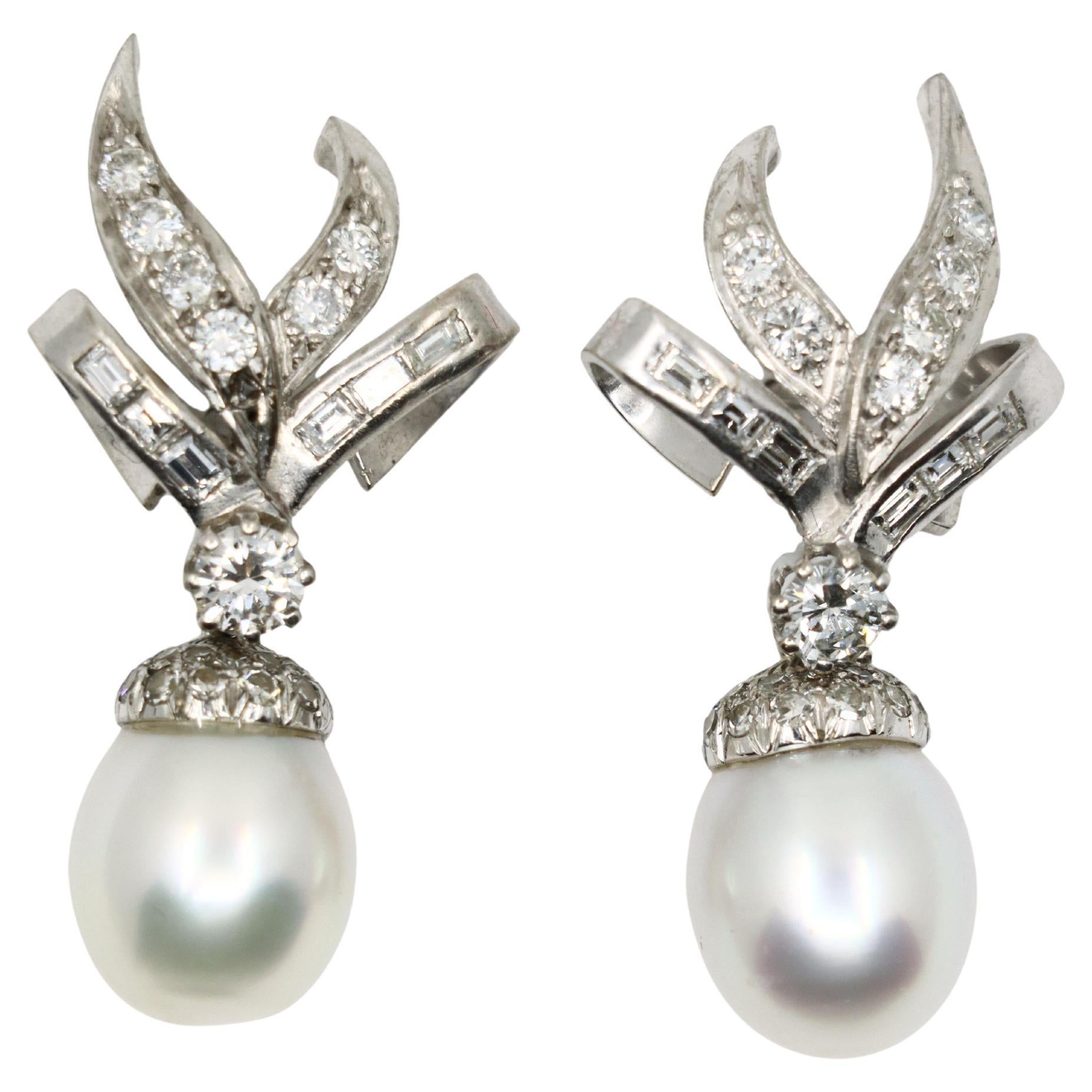Vintage 18K White Gold Diamond Pearl Drop Earrings For Sale