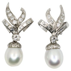 Pendientes vintage de oro blanco de 18 quilates con diamantes y perlas