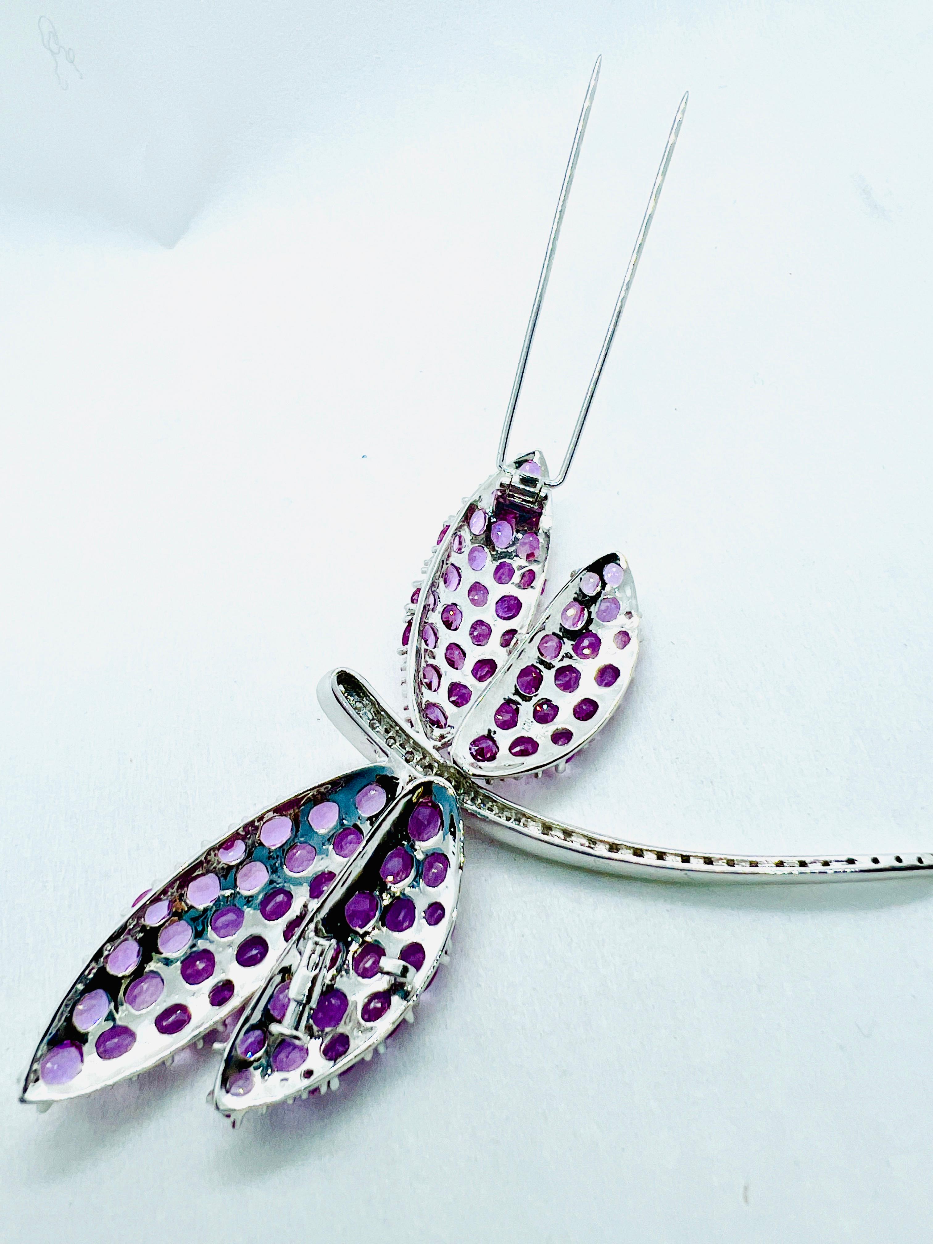 Vintage 18k White gold Diamond & Pink Sapphire Dragonfly Brooch For Sale 4