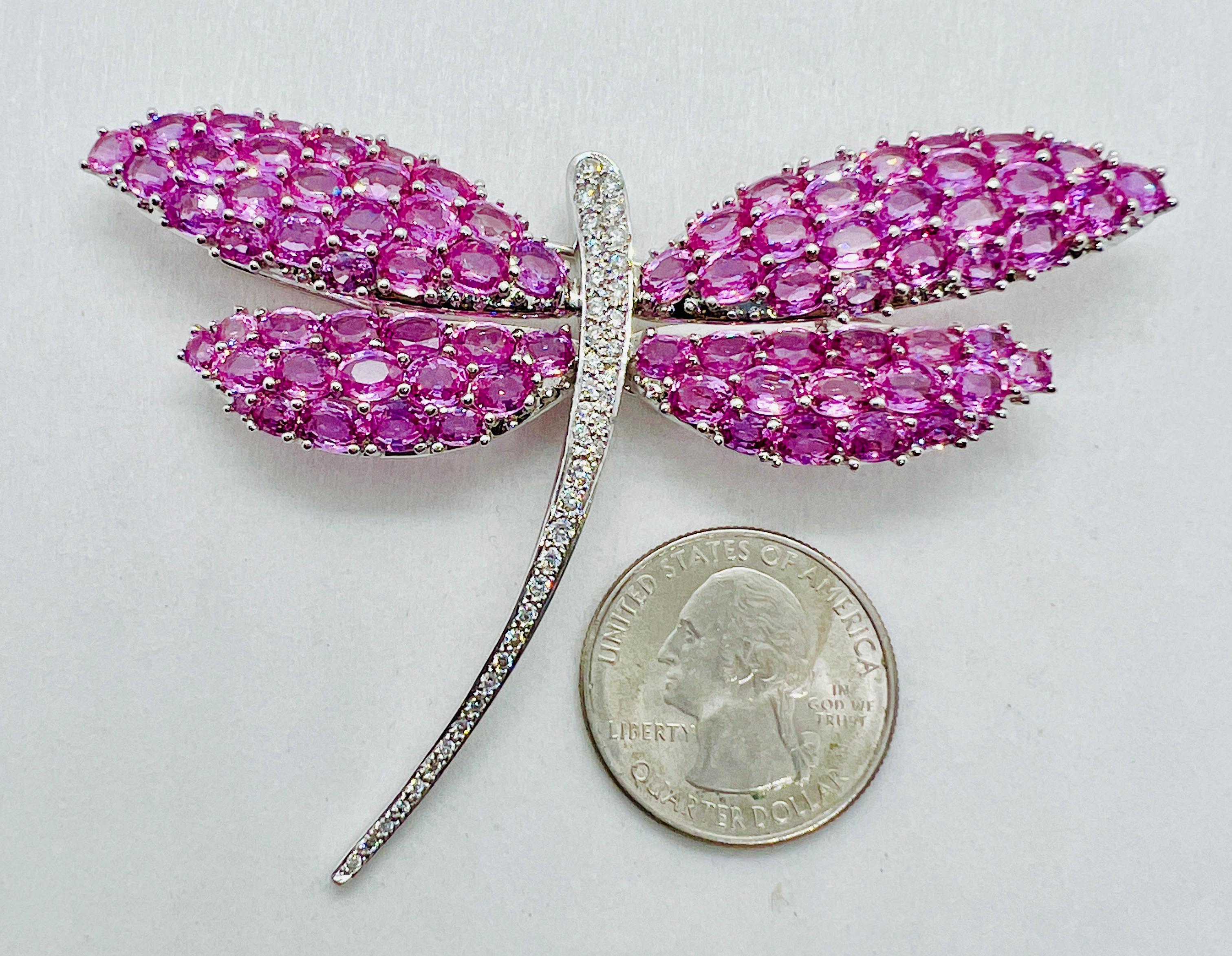Artisan Vintage 18k White gold Diamond & Pink Sapphire Dragonfly Brooch For Sale