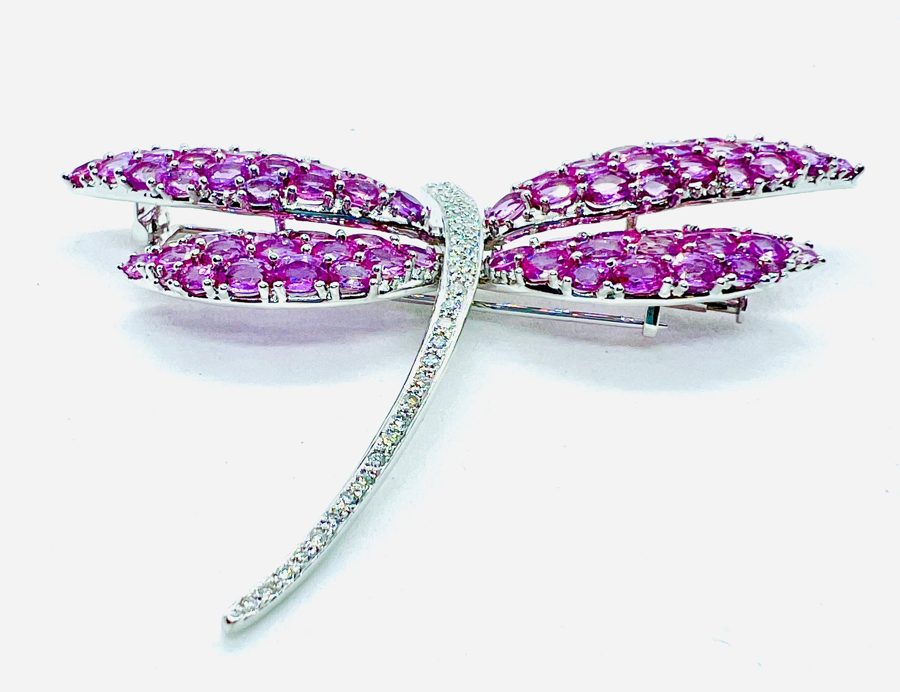 Oval Cut Vintage 18k White gold Diamond & Pink Sapphire Dragonfly Brooch For Sale