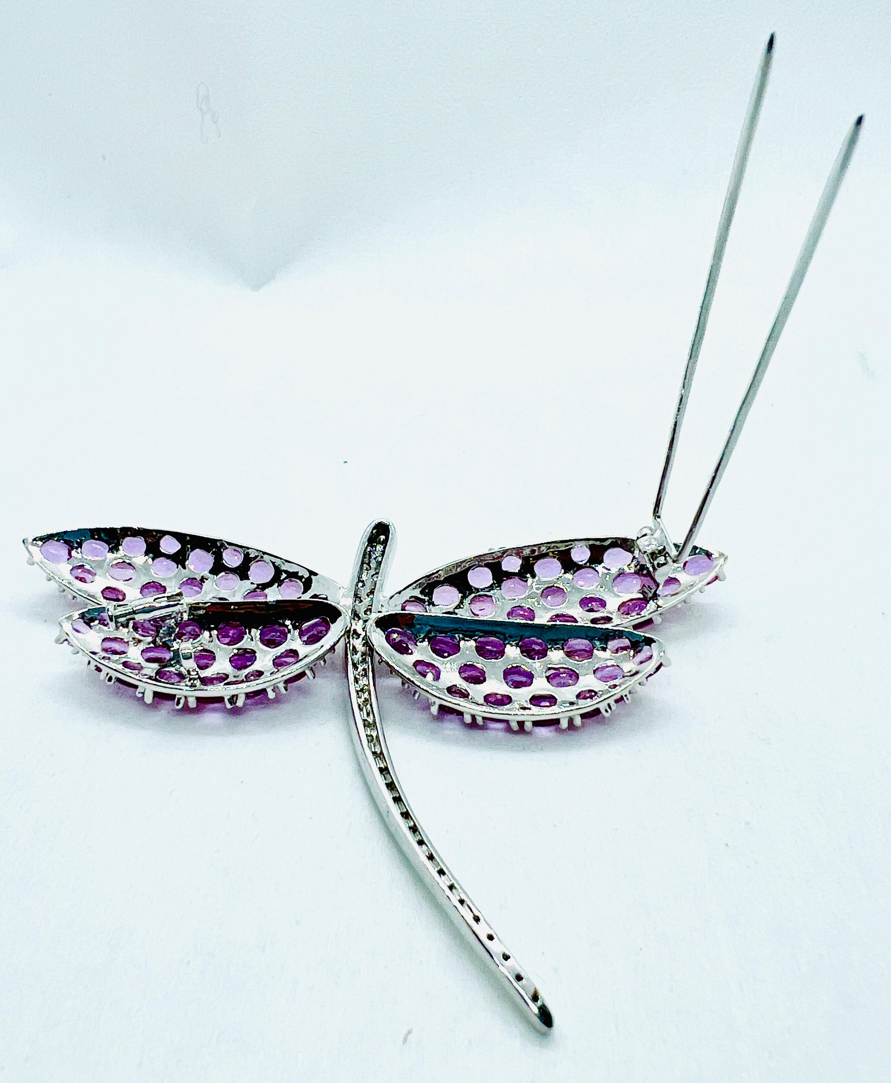 Vintage 18k White gold Diamond & Pink Sapphire Dragonfly Brooch For Sale 2