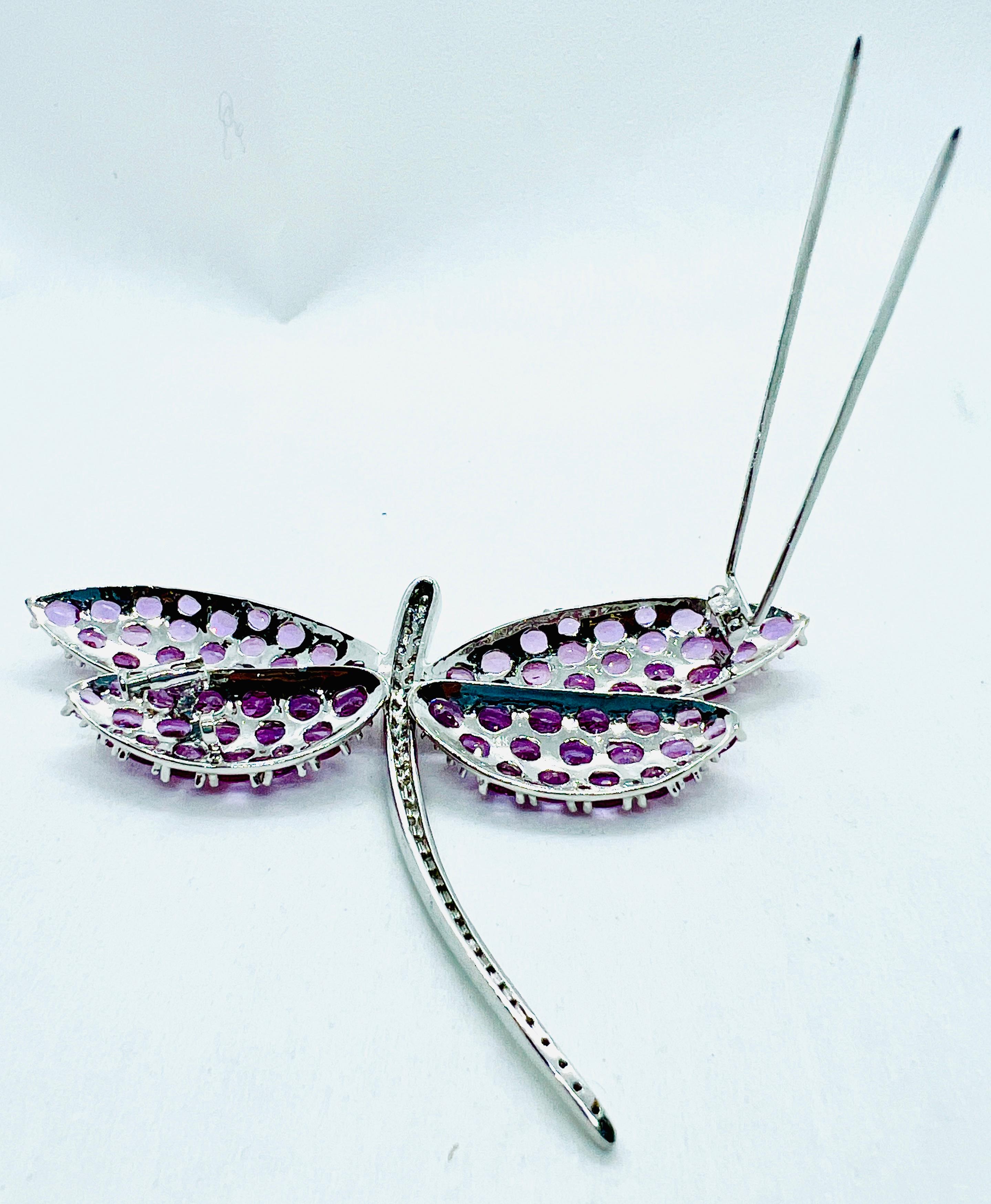 Vintage 18k White gold Diamond & Pink Sapphire Dragonfly Brooch For Sale 3