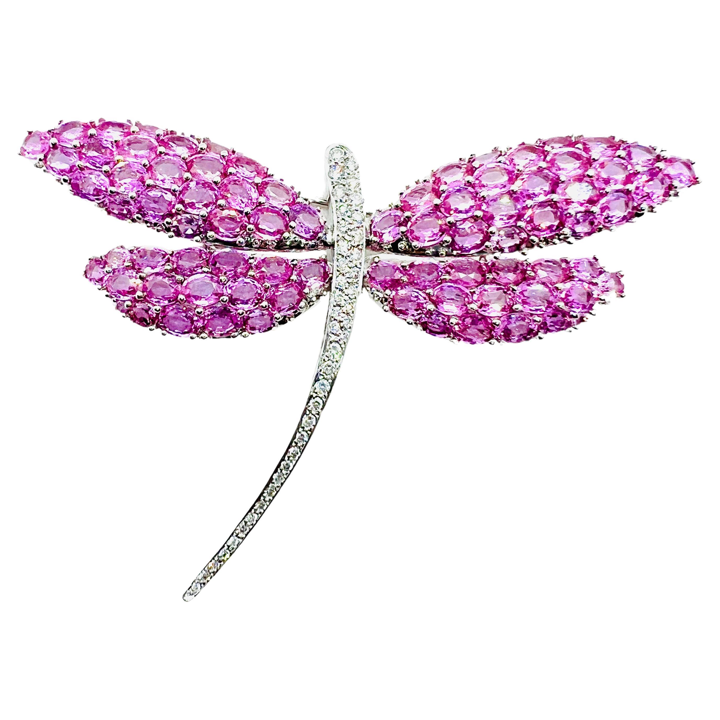 Vintage 18k White gold Diamond & Pink Sapphire Dragonfly Brooch For Sale