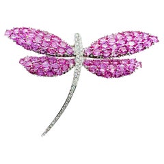 Vintage 18k White gold Diamond & Pink Sapphire Dragonfly Brooch