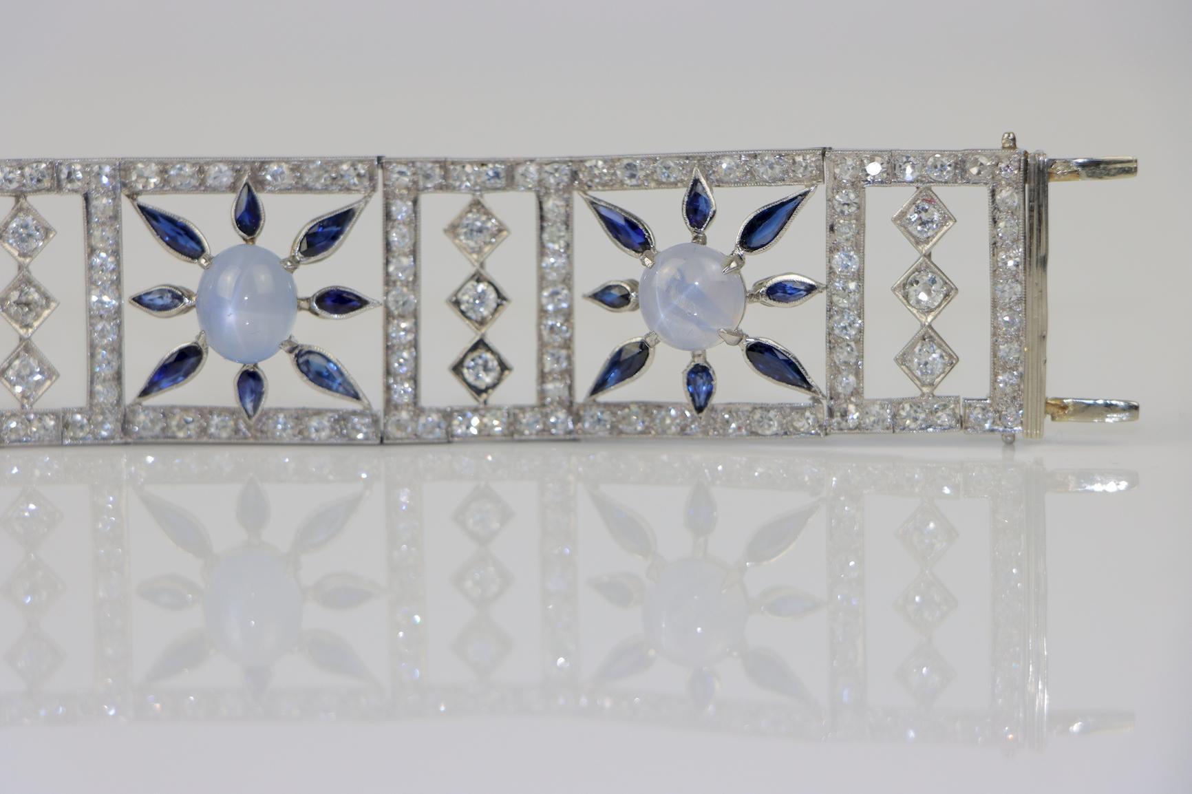 Vintage 18K White Gold Diamond Sapphire Star Sapphire Bracelet For Sale 5
