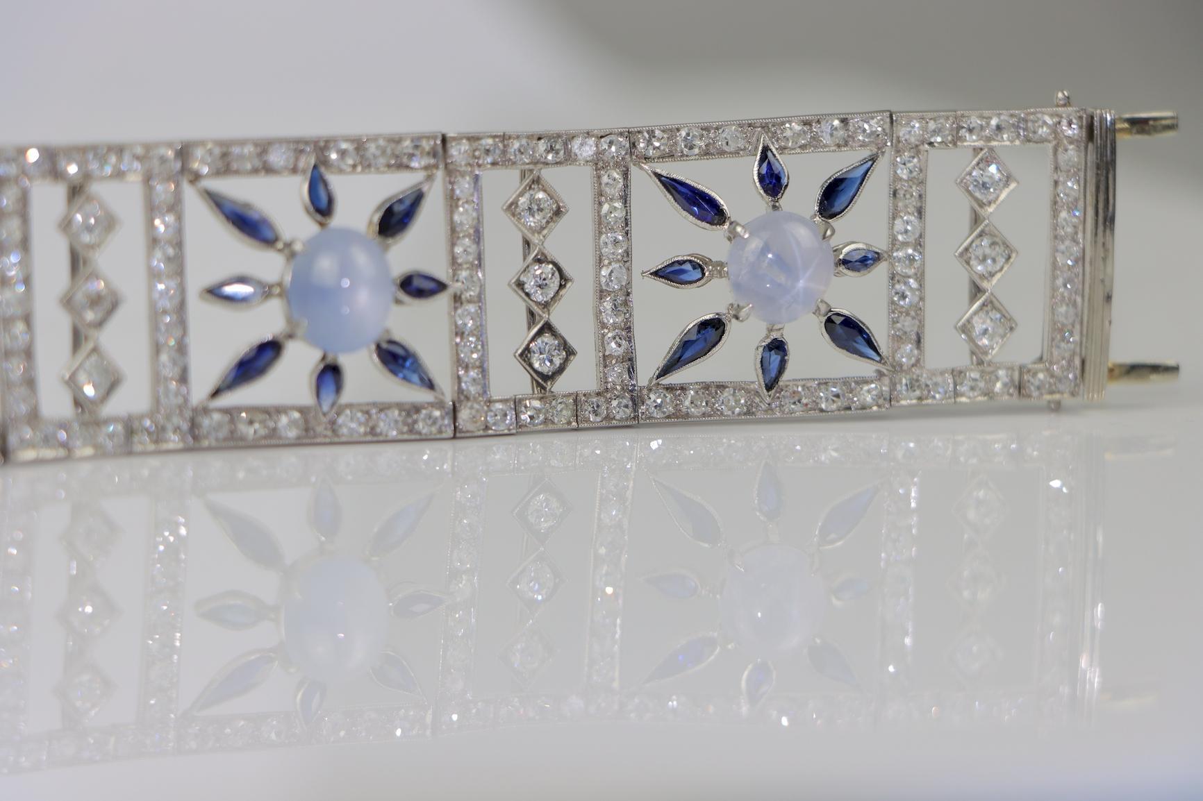 Vintage 18K White Gold Diamond Sapphire Star Sapphire Bracelet For Sale 7