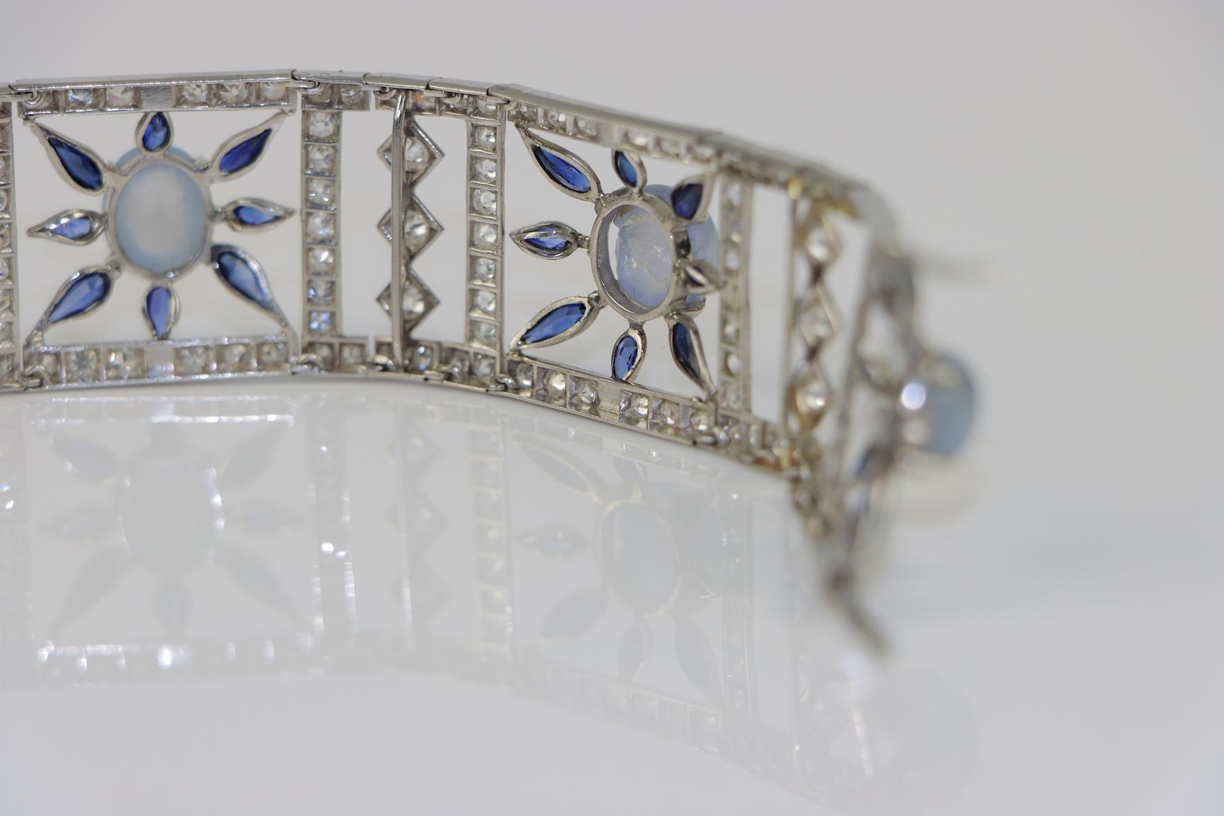 Vintage 18K White Gold Diamond Sapphire Star Sapphire Bracelet For Sale 11
