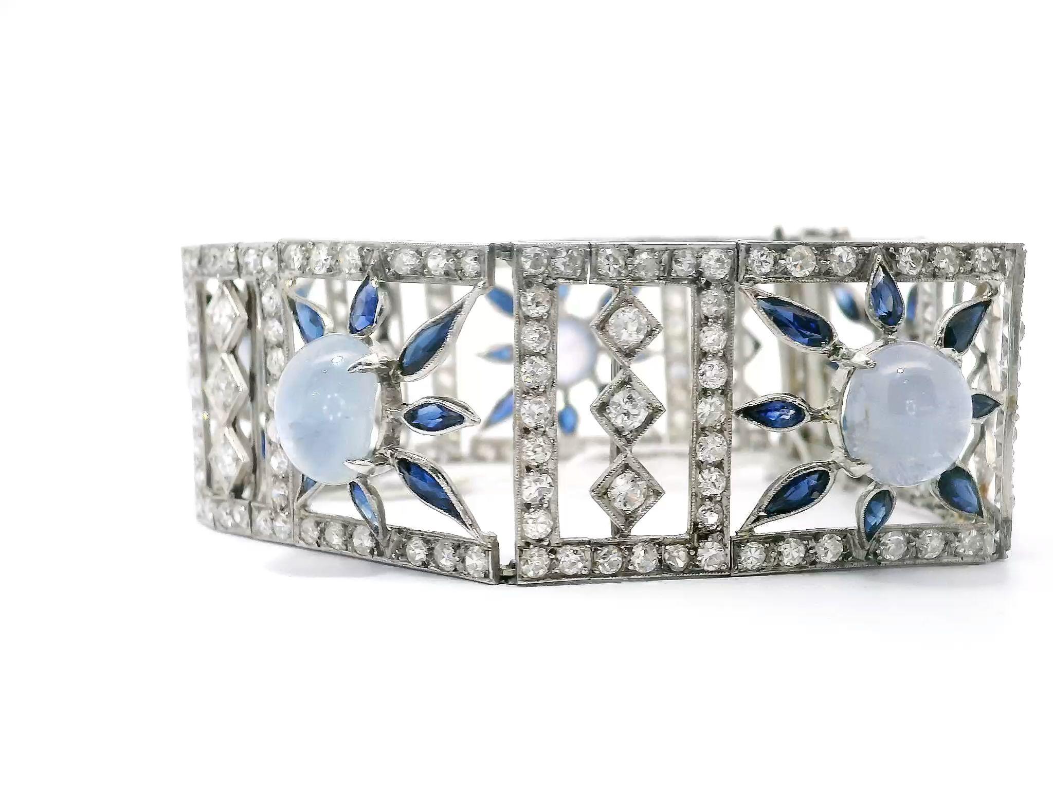 Brilliant Cut Vintage 18K White Gold Diamond Sapphire Star Sapphire Bracelet For Sale