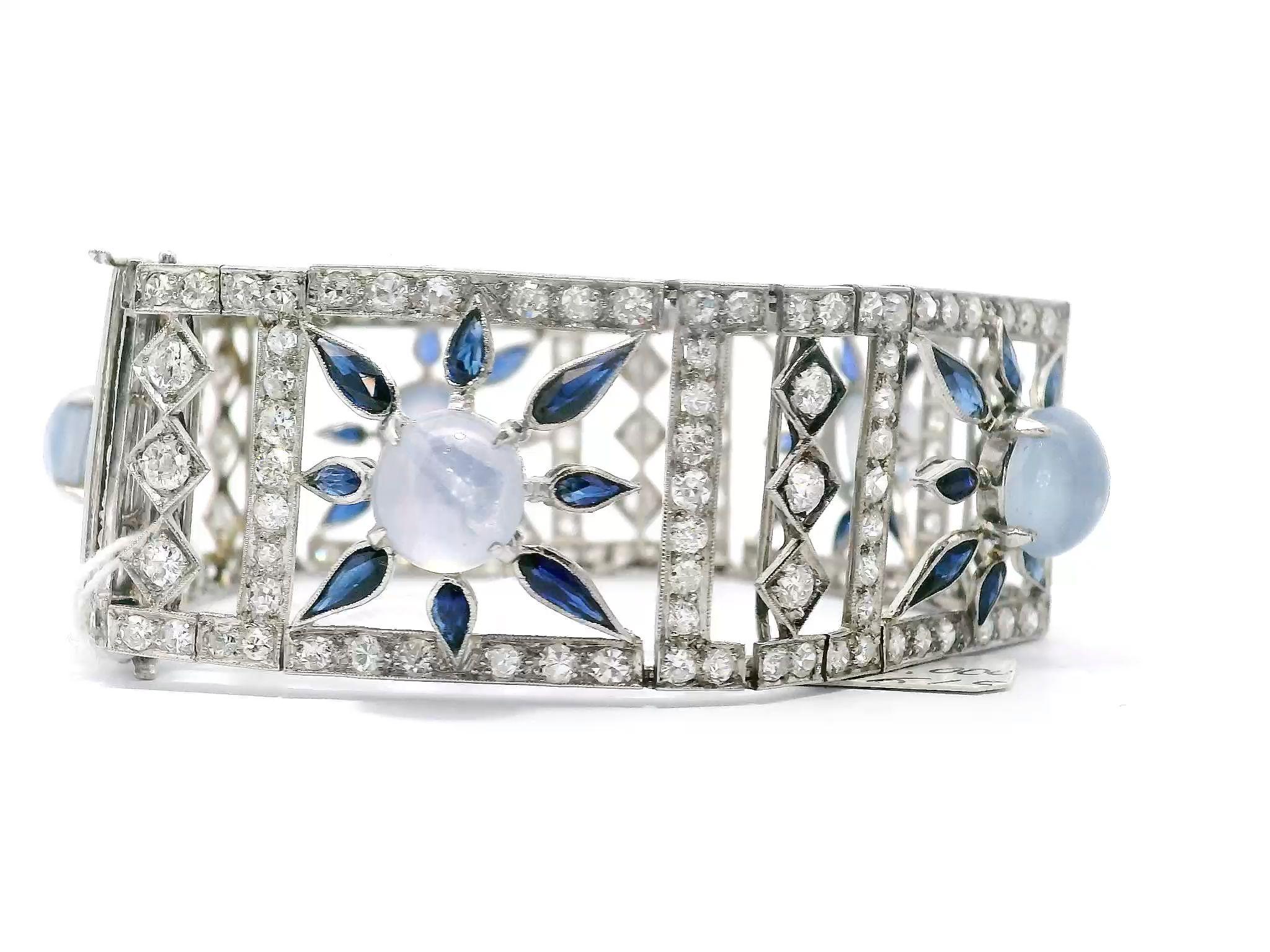 Vintage 18K White Gold Diamond Sapphire Star Sapphire Bracelet In Good Condition For Sale In Flushing, NY