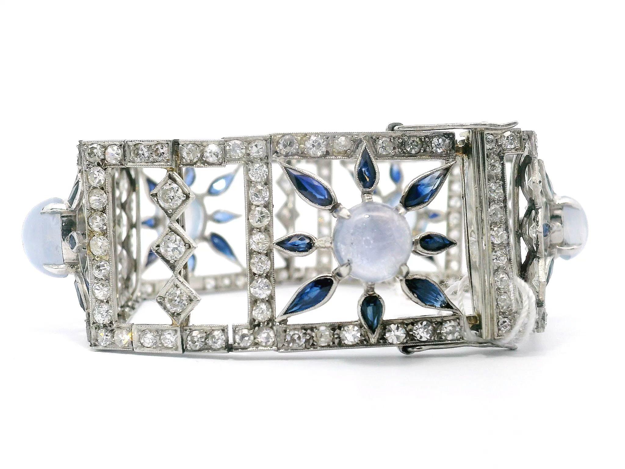Women's Vintage 18K White Gold Diamond Sapphire Star Sapphire Bracelet For Sale