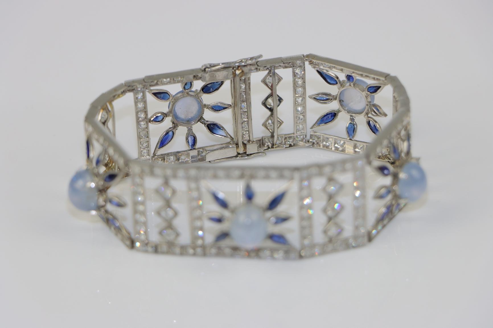 Vintage 18K White Gold Diamond Sapphire Star Sapphire Bracelet For Sale 1