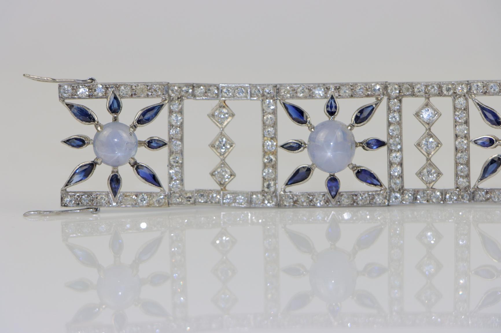 Vintage 18K White Gold Diamond Sapphire Star Sapphire Bracelet For Sale 3