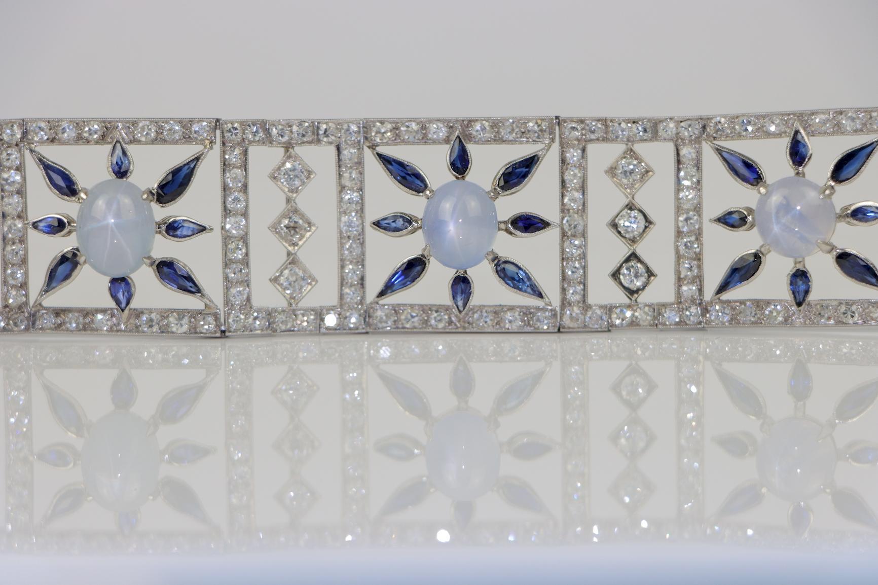 Vintage 18K White Gold Diamond Sapphire Star Sapphire Bracelet For Sale 4