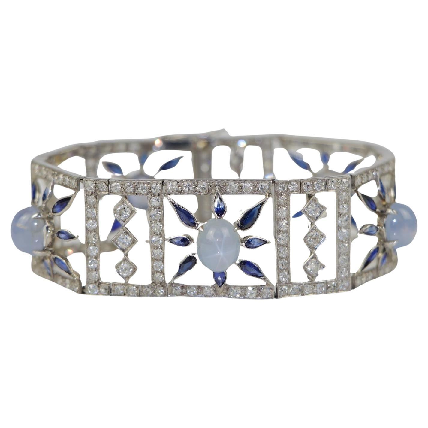 Vintage 18K White Gold Diamond Sapphire Star Sapphire Bracelet For Sale