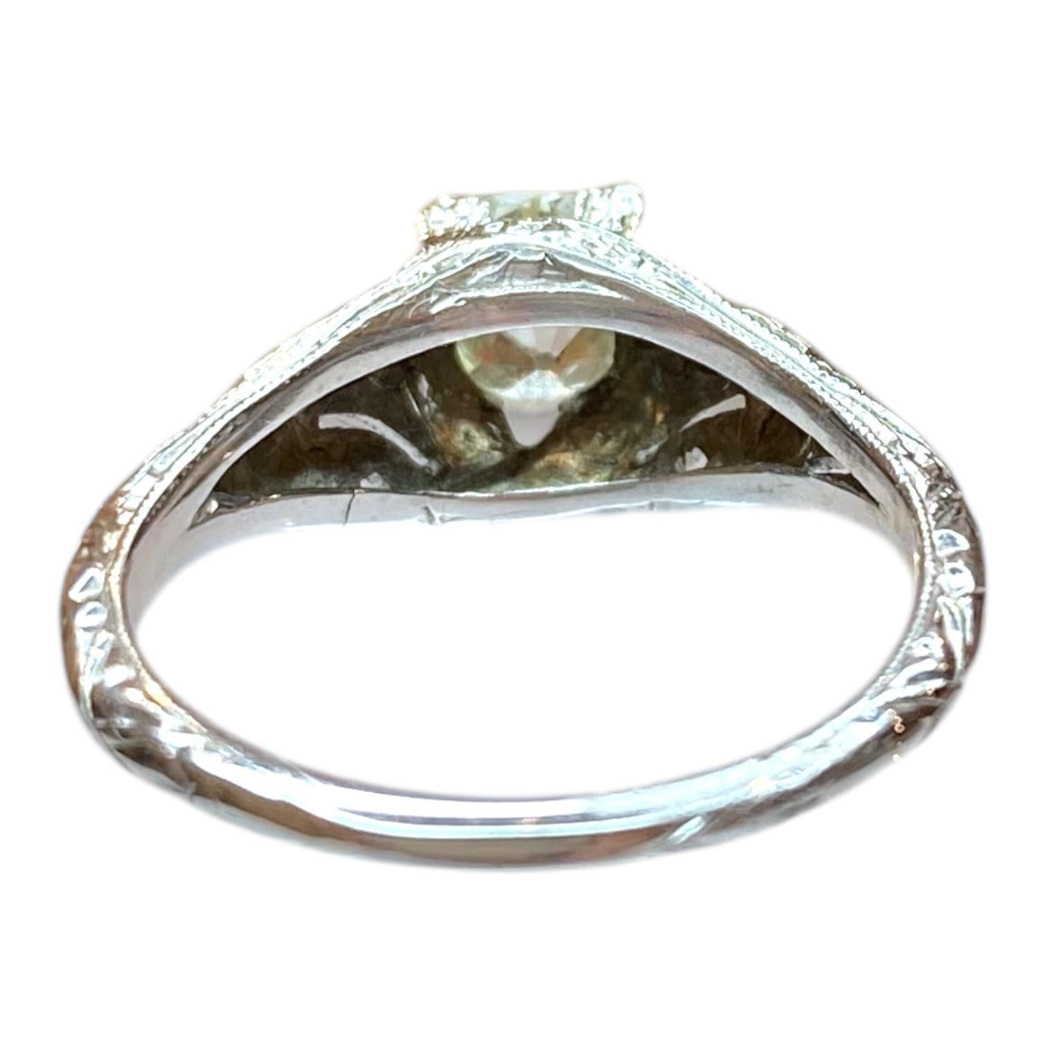 Old Mine Cut Vintage 18K White Gold Diamond Solitaire Ring For Sale