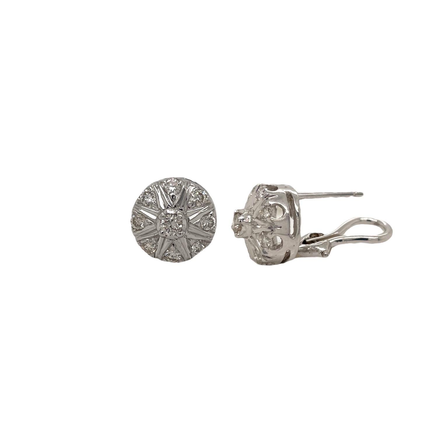 Vintage style earrings are in 18k white gold and contain round brilliant diamonds, approximately 0.50cts. Diamonds are G in color and SI1 in clarity. Earring measures approximately 11mm and contains a post French clip closure. Earring weighs