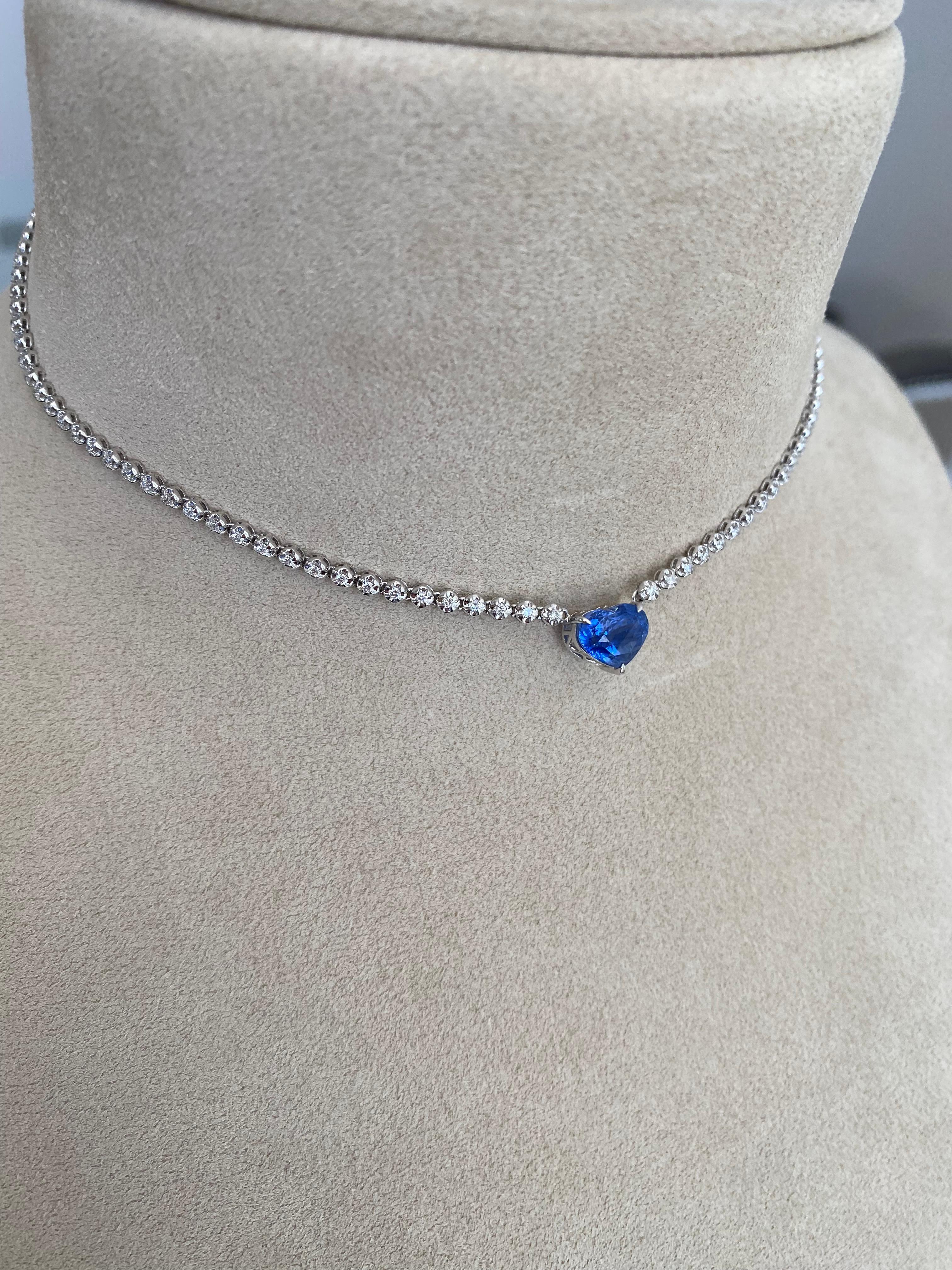 Modern Vintage 18K White Gold Diamond Tennis Rivera Necklace Unheated Heart Sapphire