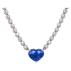 Vintage 18K White Gold Diamond Tennis Rivera Necklace Unheated Heart Sapphire