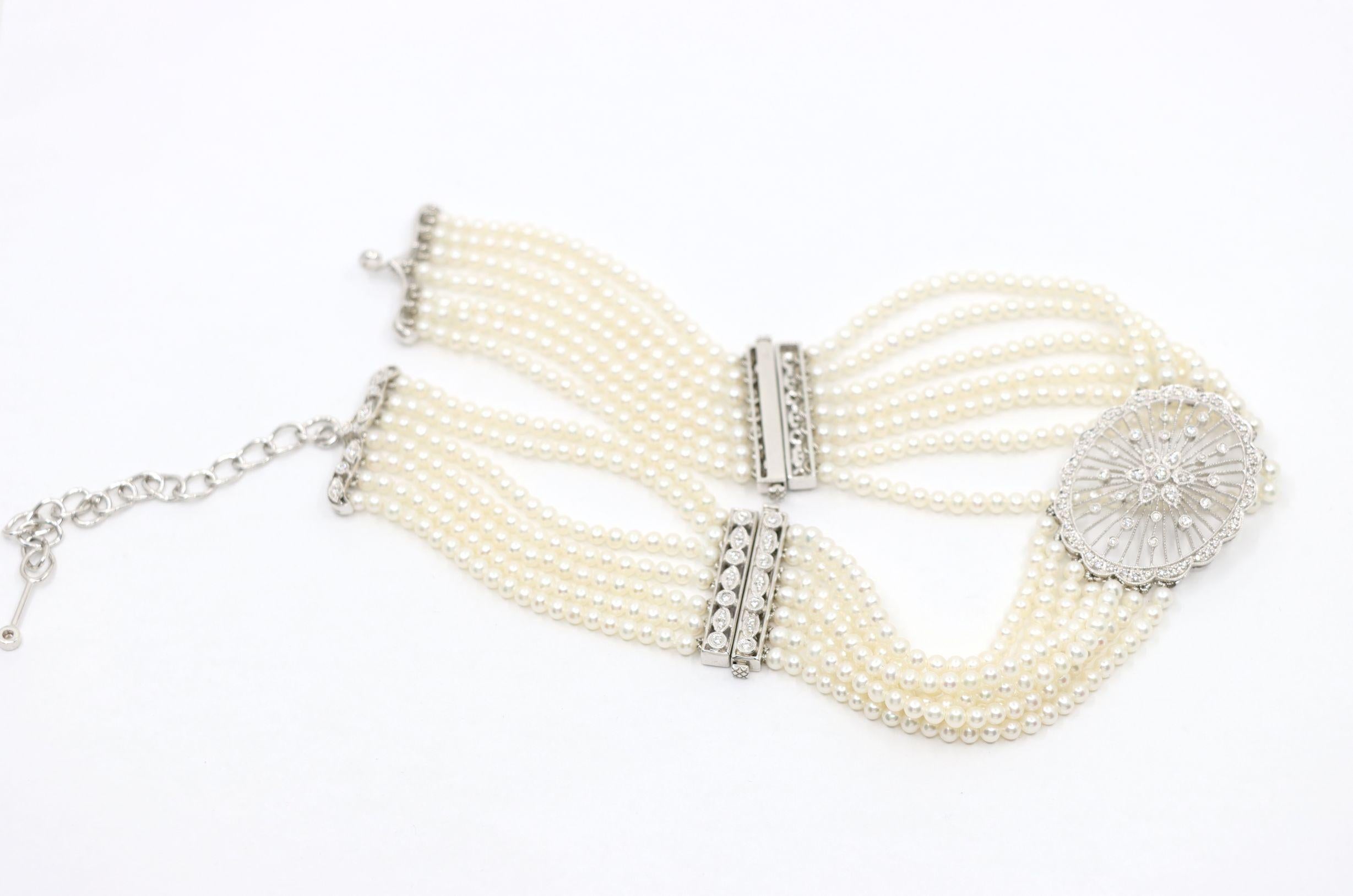 Vintage 18K Weißgold Diamanten Muti-Strand Perle Transformable Armband Choker im Angebot 5